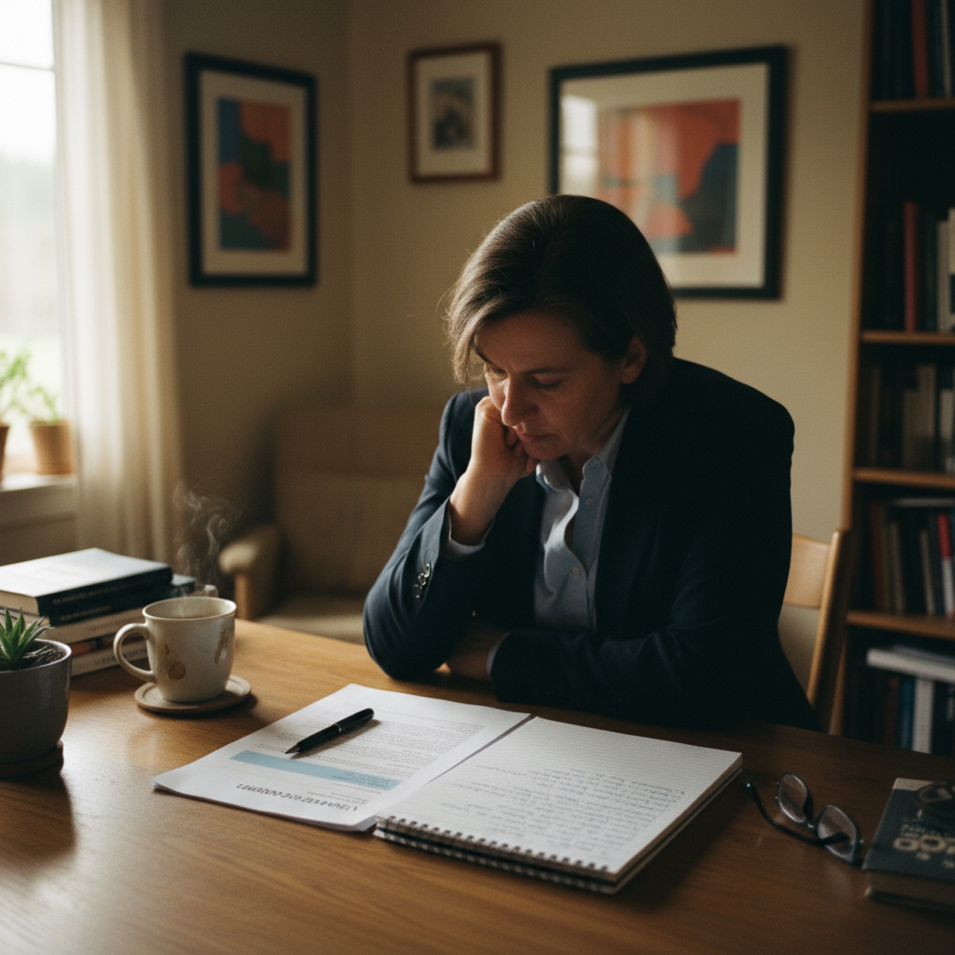 A business owner at a desk reviewing options on a laptop with a notebook beside them