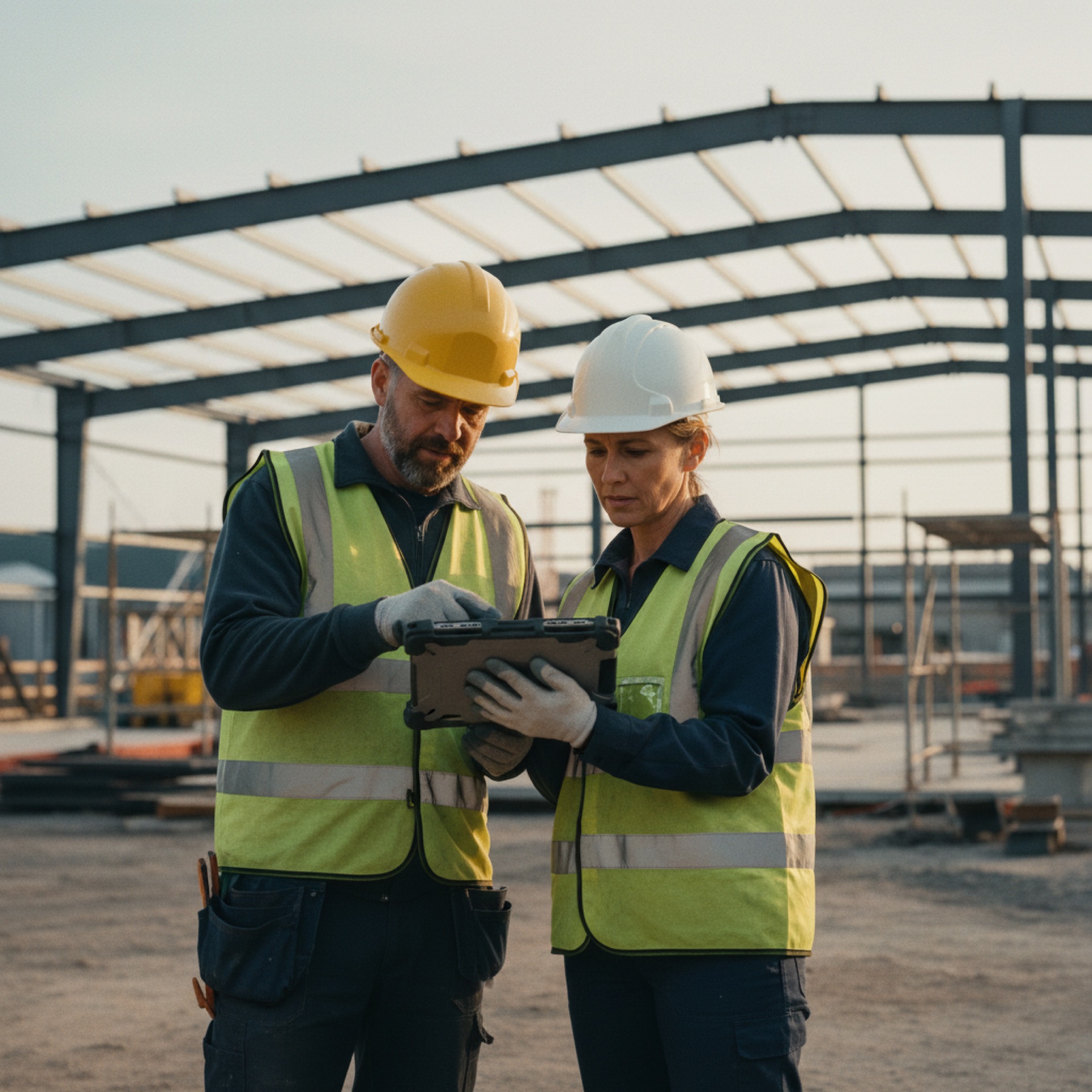 Two construction workers in hard hats looking at a tablet screen together on an active building site