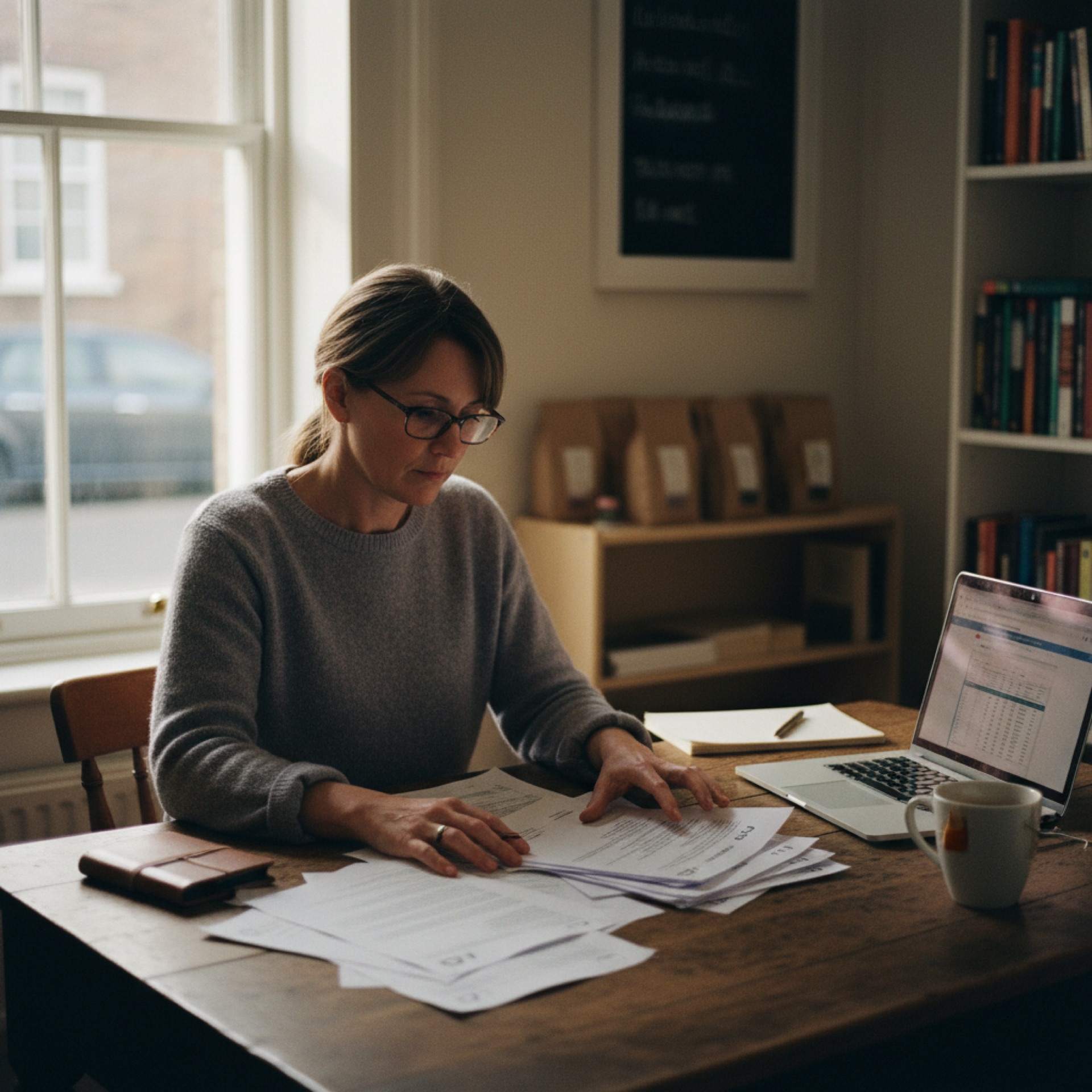 Person at a desk reviewing a stack of printed documents alongside an open laptop