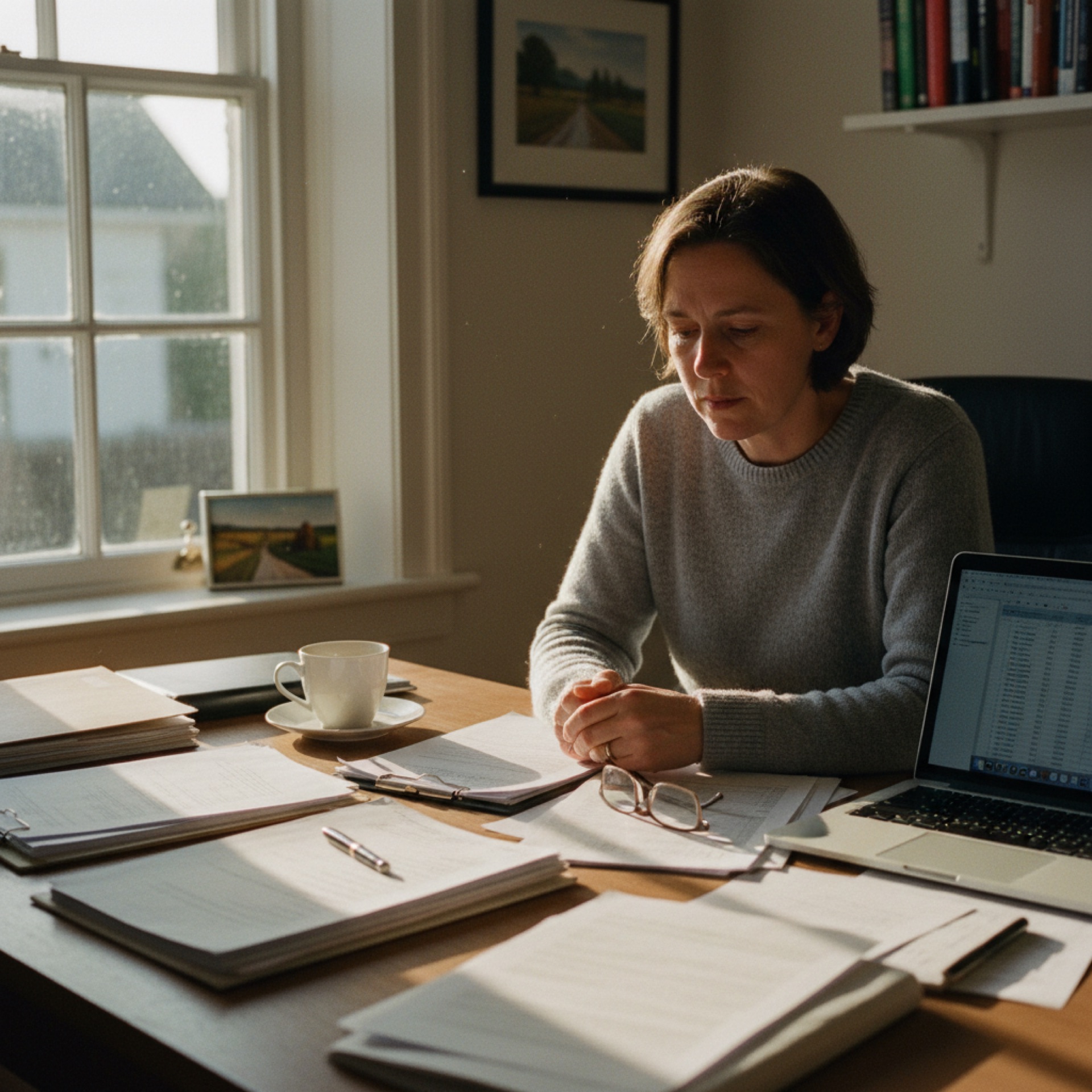 Person reviewing documents at a desk with a laptop open beside them