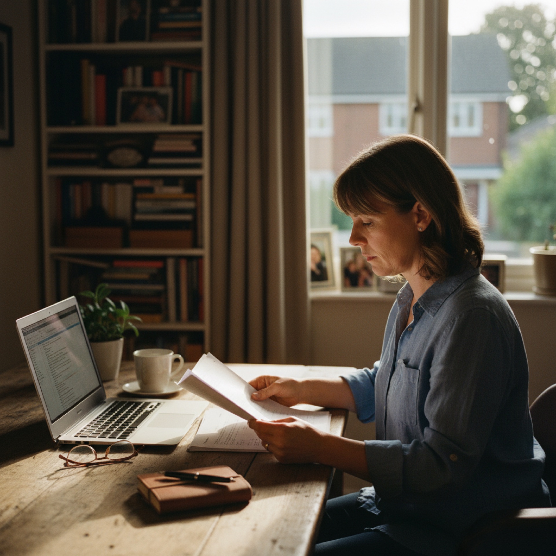 Person at a desk reviewing printed documents with a laptop open nearby, natural light from a window