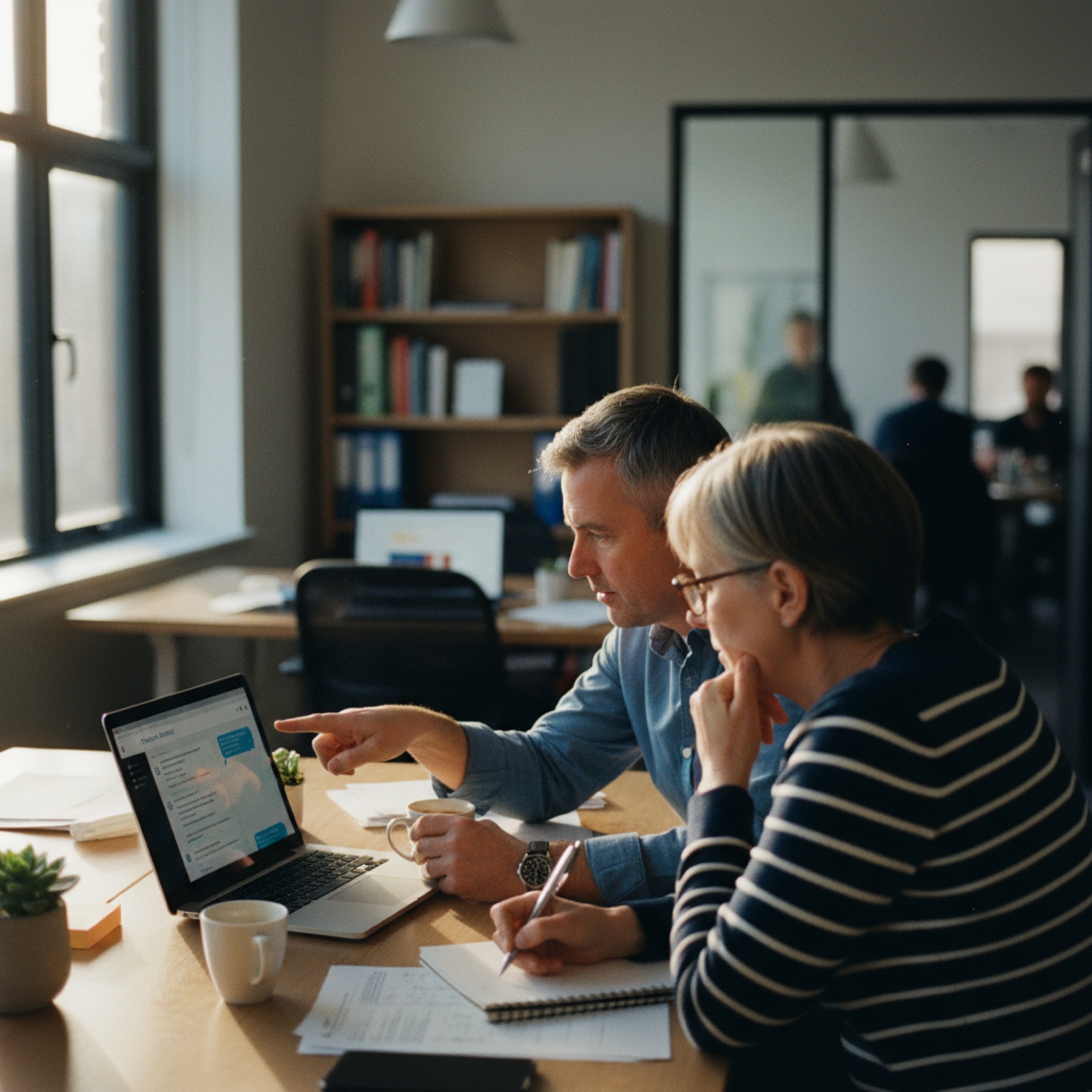 Two colleagues reviewing a customer support chat interface on a laptop in a bright office