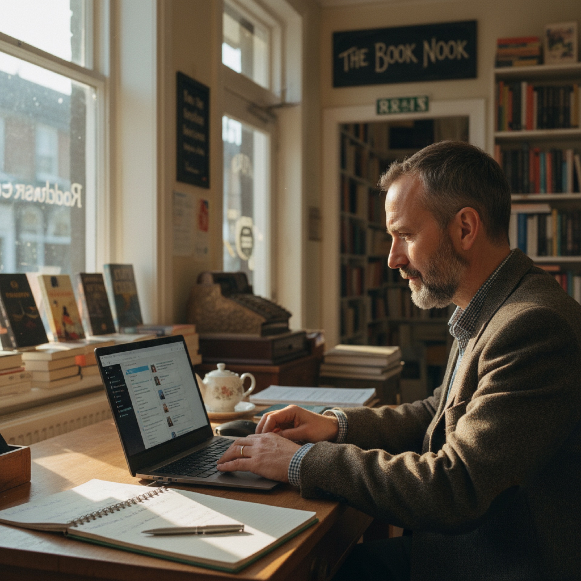Business owner at a desk reviewing a customer service chat interface on a laptop screen