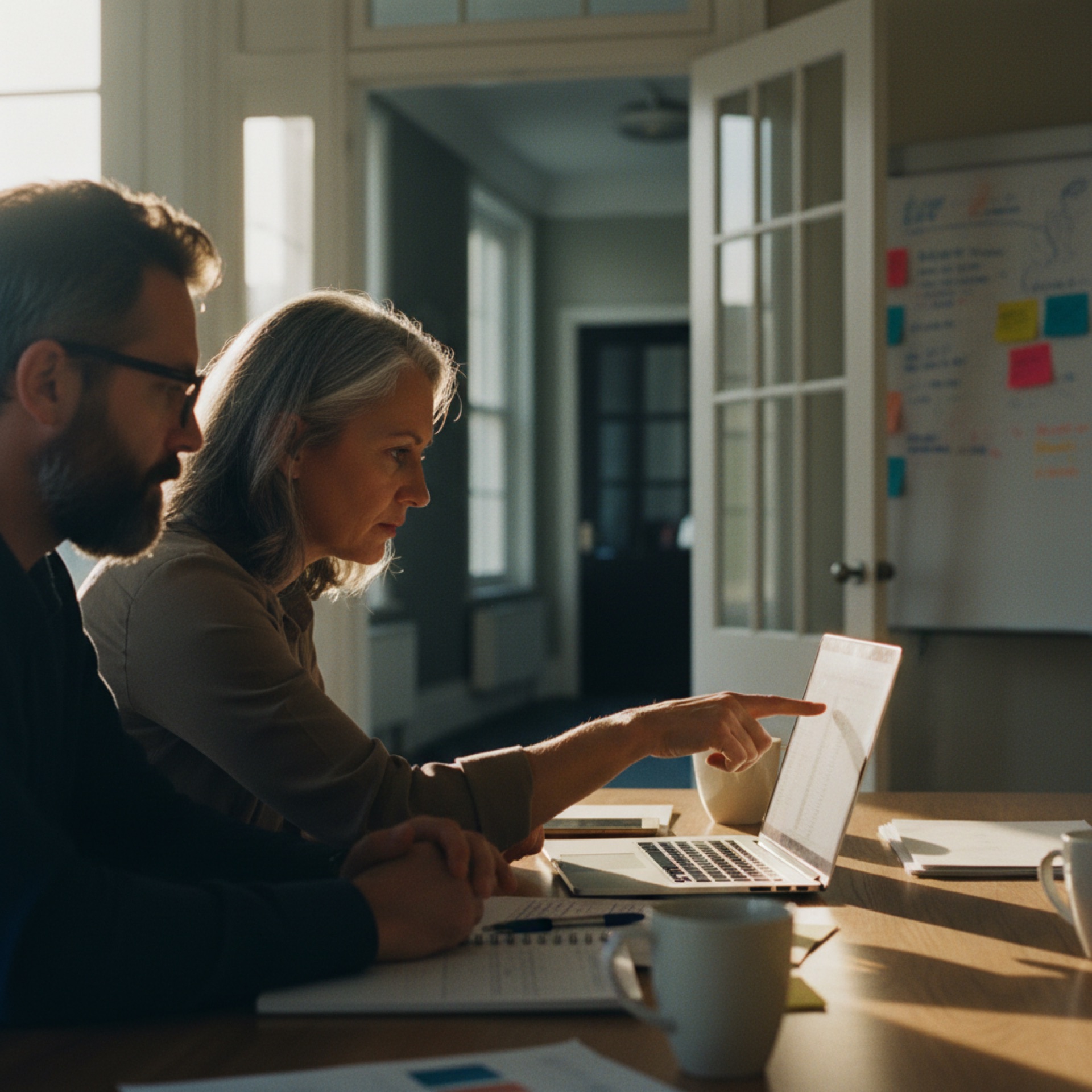 Two colleagues reviewing a shared spreadsheet at a conference table, one pointing at the screen