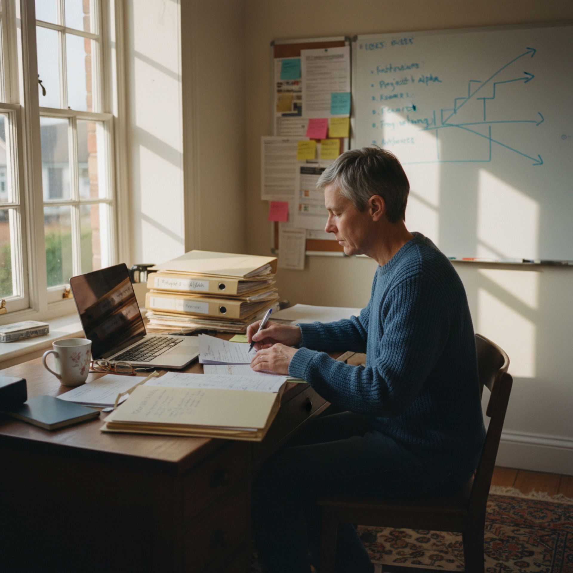 Person at a laptop reviewing a tidy document folder structure in a well-lit office