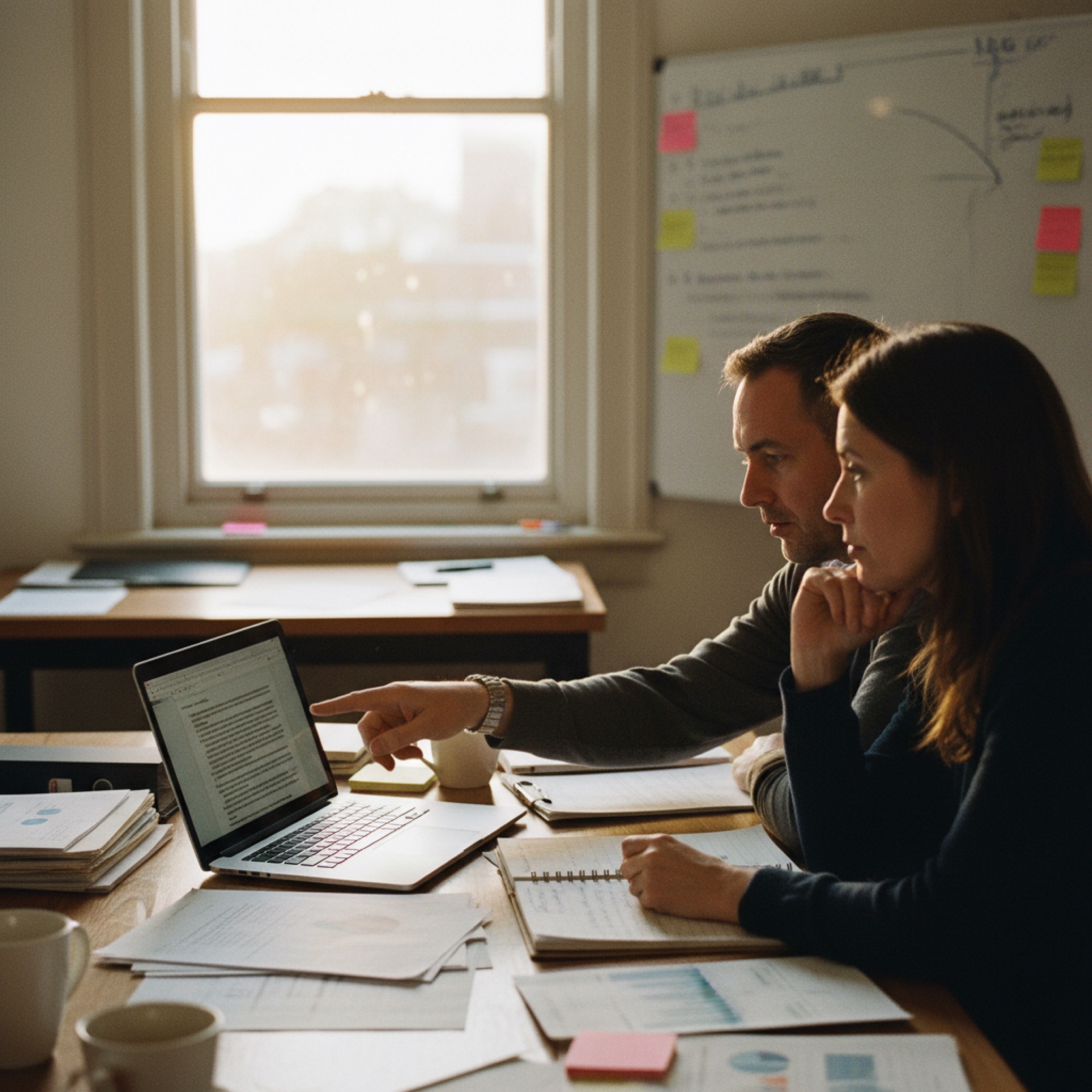 Two colleagues reviewing documents on a laptop in a naturally lit office