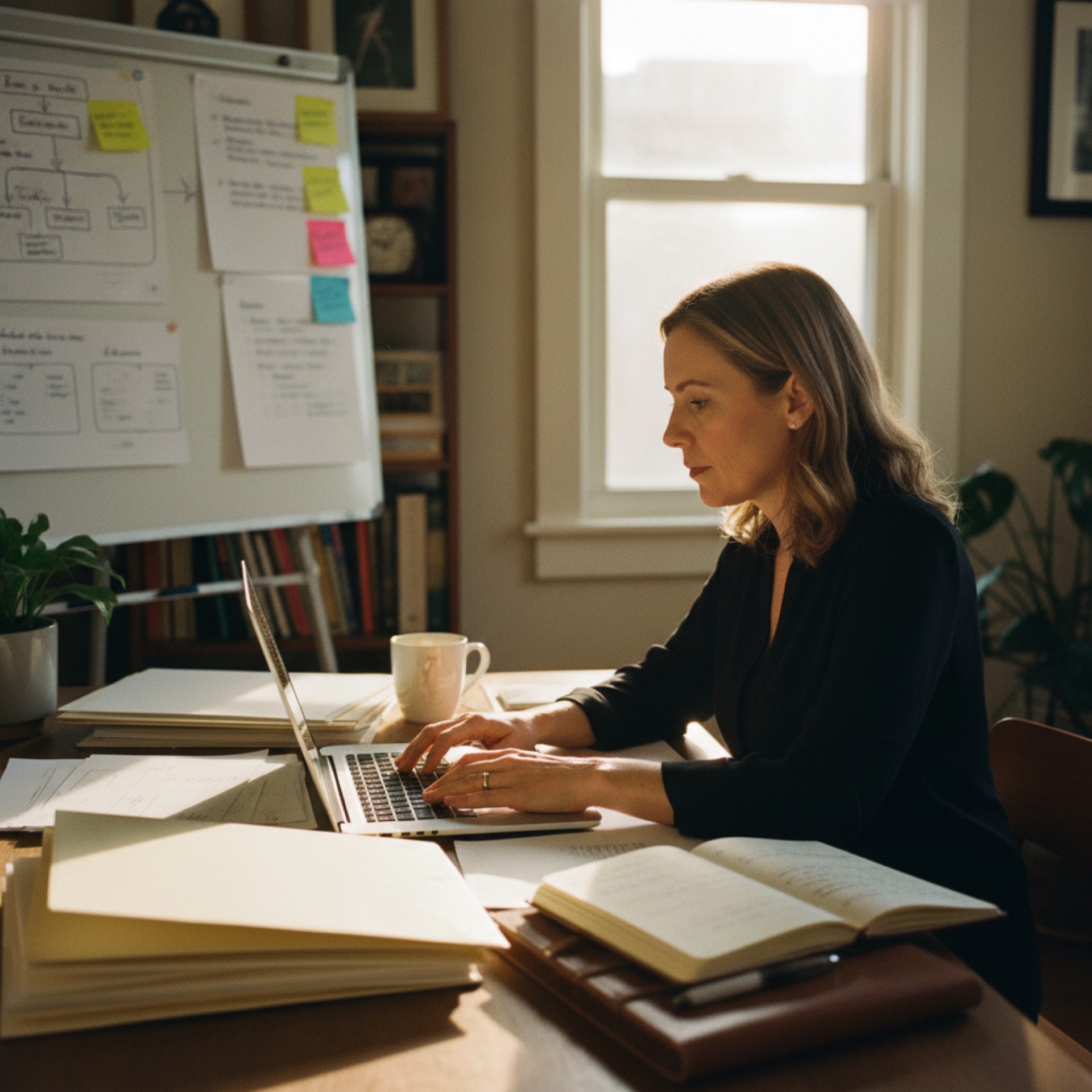 A business owner at a desk reviewing documents on a laptop with a folder of papers nearby
