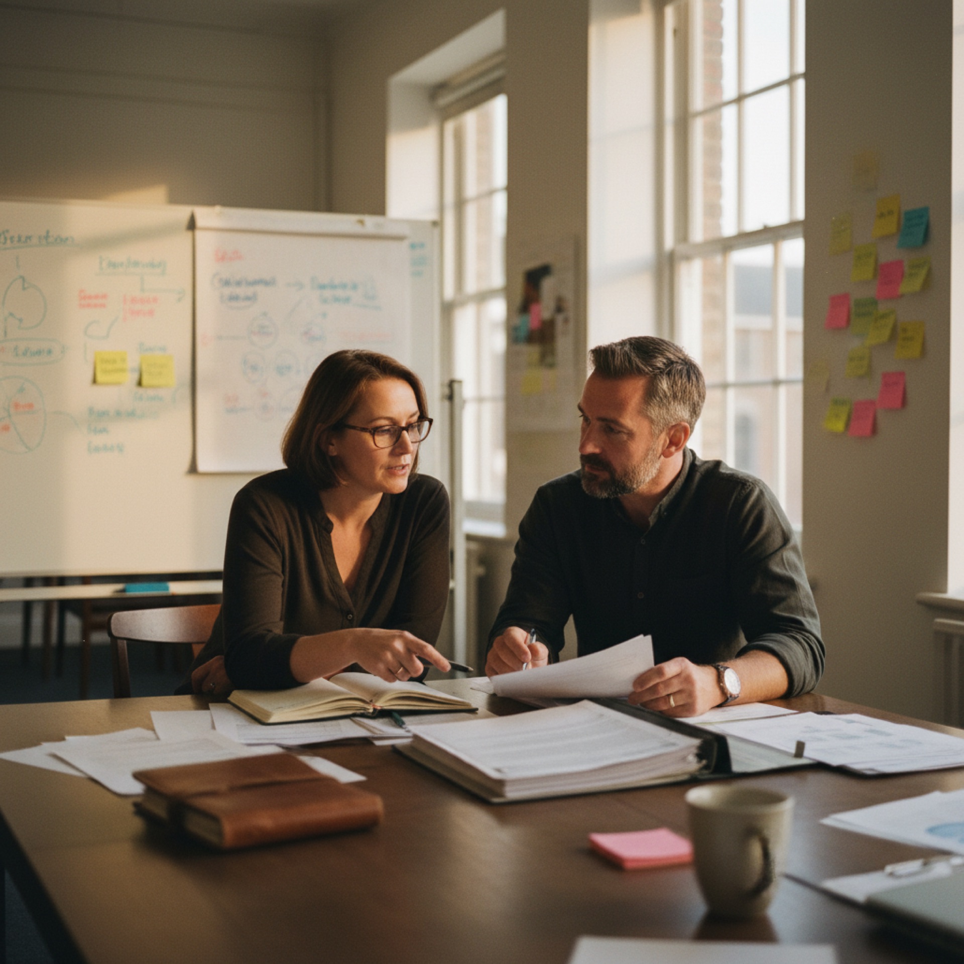 Two people reviewing documents together at a meeting room table in natural light