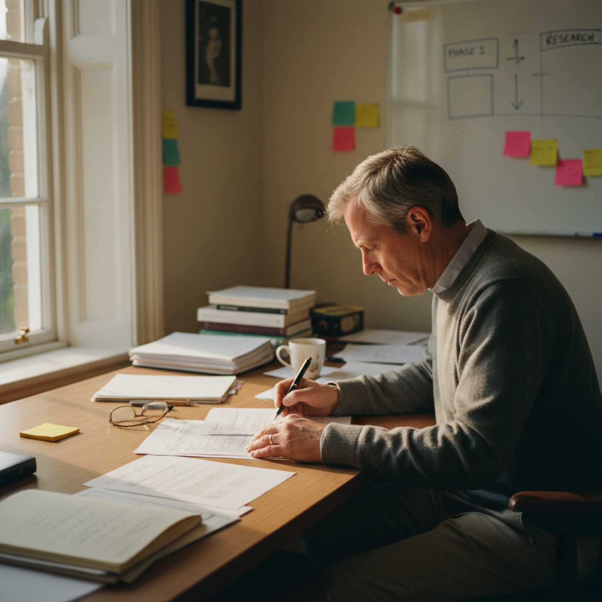 a person at a desk reviewing a printed document with a pen, natural light from a window