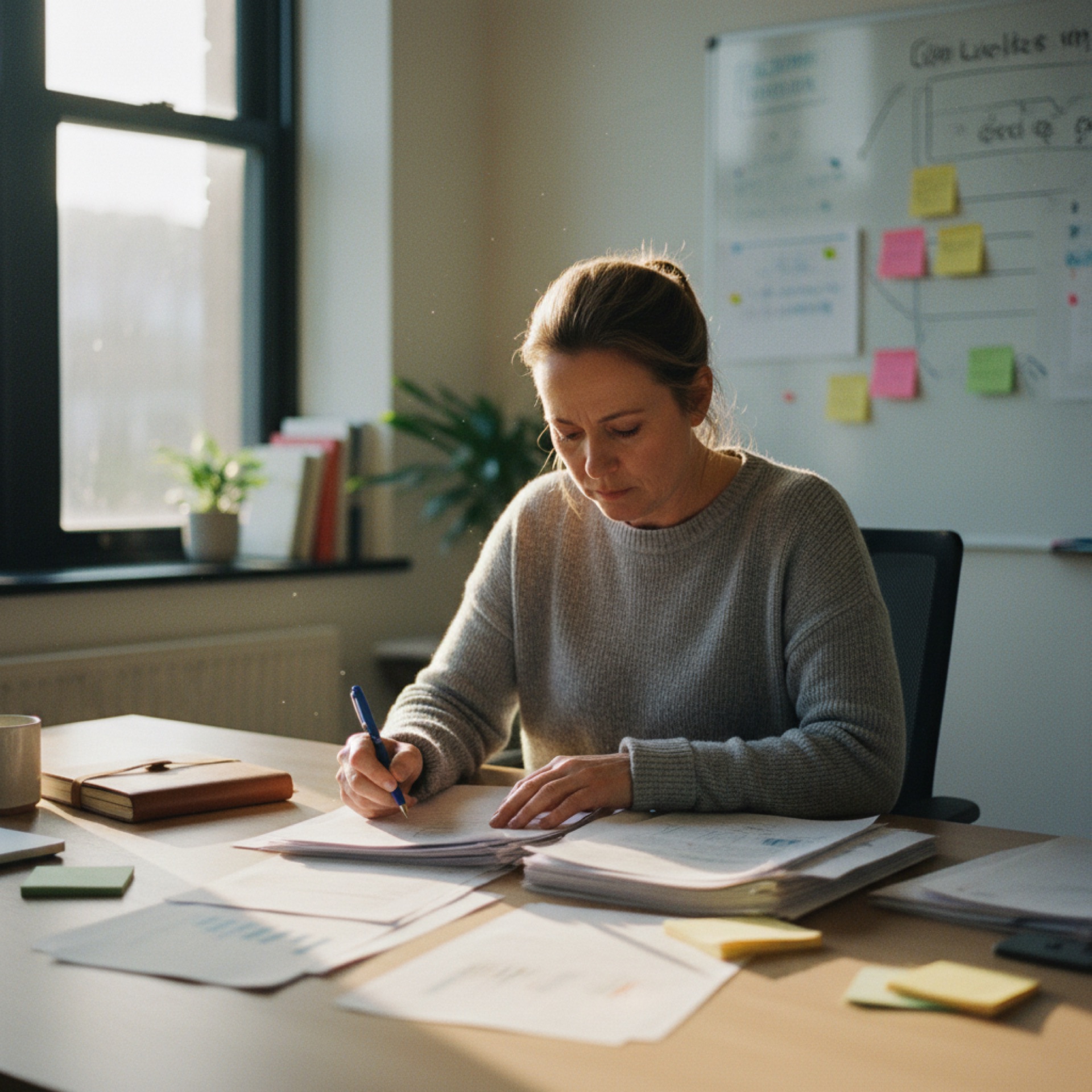 A business owner at a desk reviewing printed documents with a pen in hand