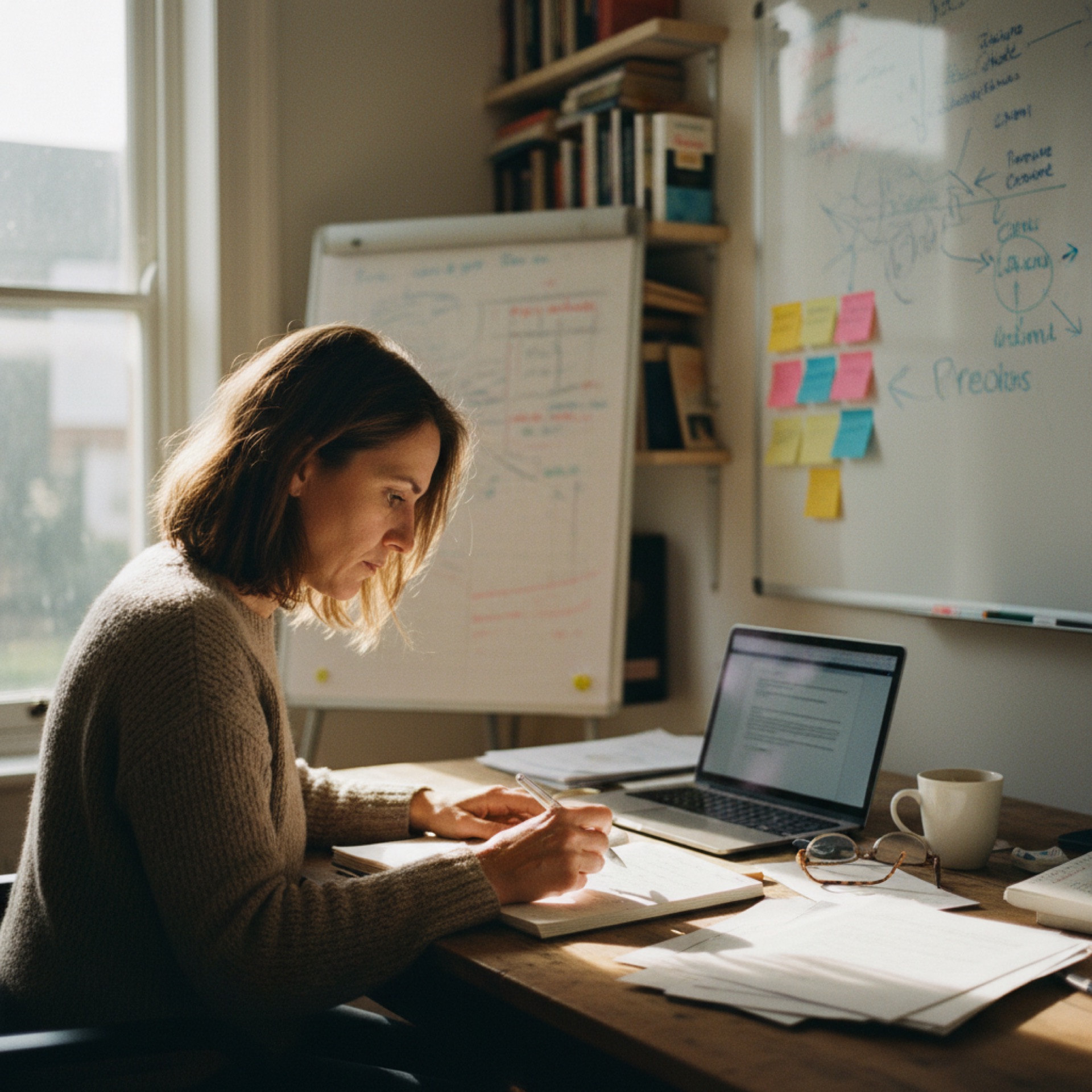 A person reviewing handwritten notes beside an open laptop at a desk with natural window light