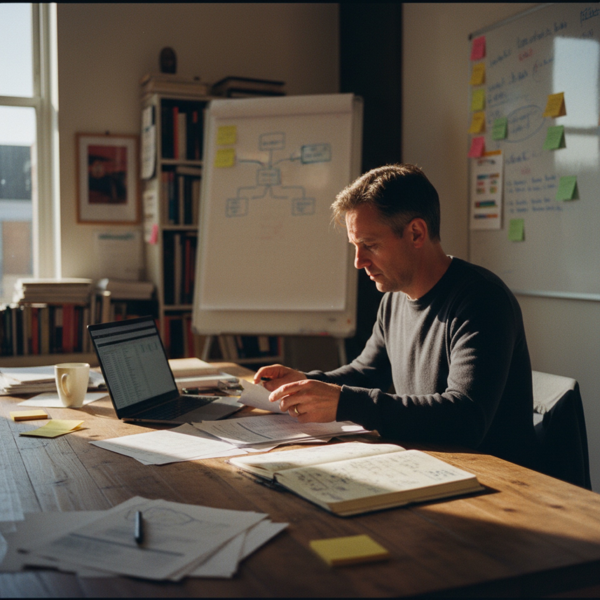 Person reviewing printed pages at a desk with a laptop and notebook beside them