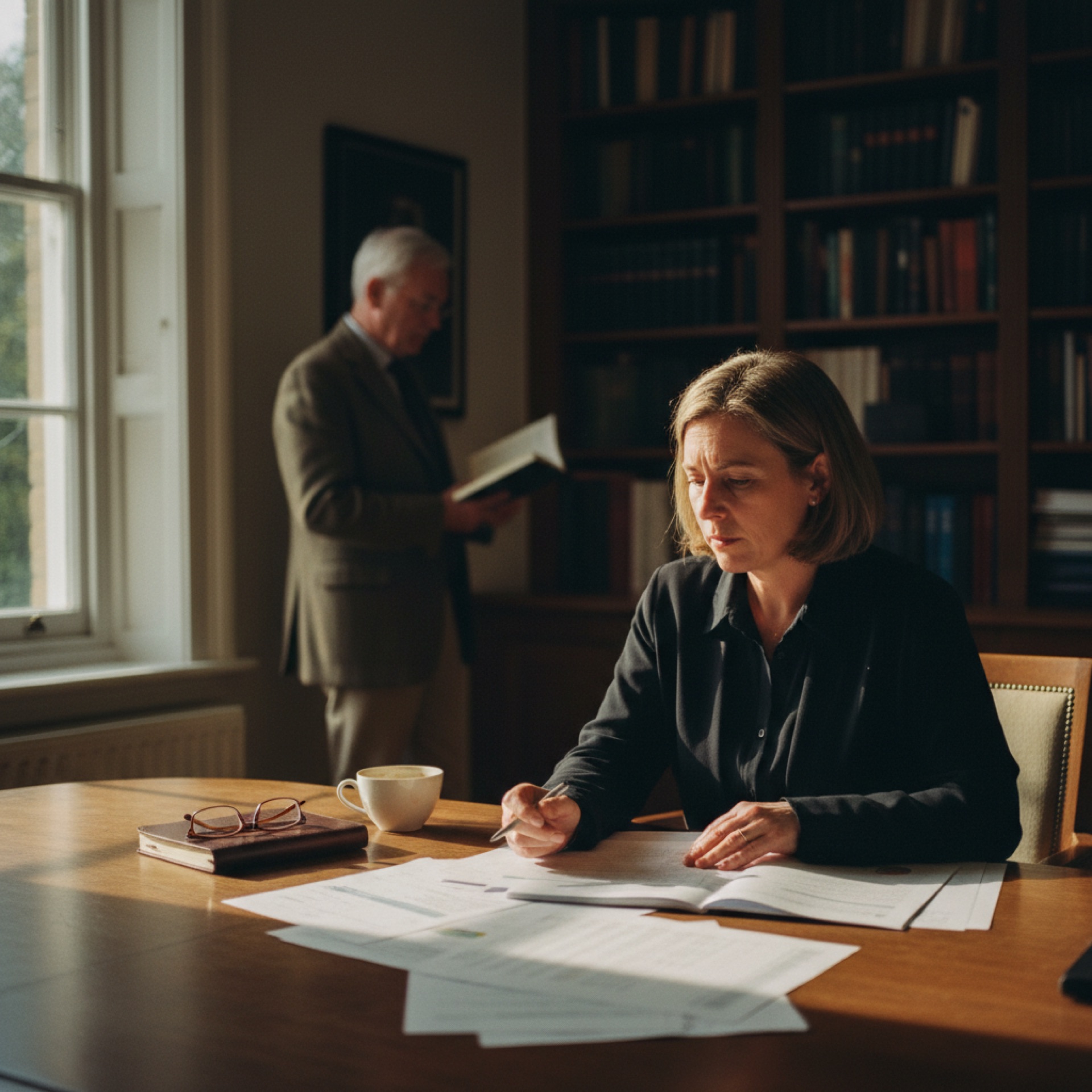 Business owner reviewing financial documents at a desk in a naturally lit office