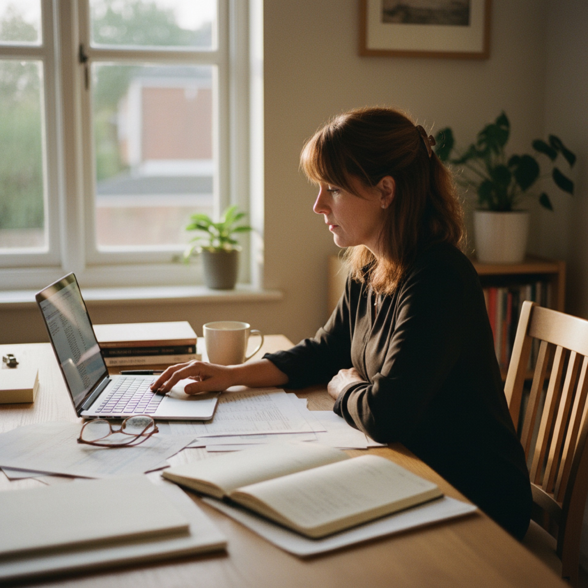 A business owner reviewing financial figures on a laptop at a desk with natural light from a window