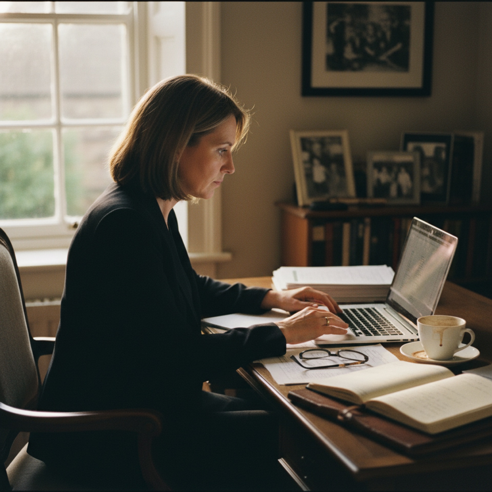A business owner reviewing financial documents at a desk with a laptop open beside them