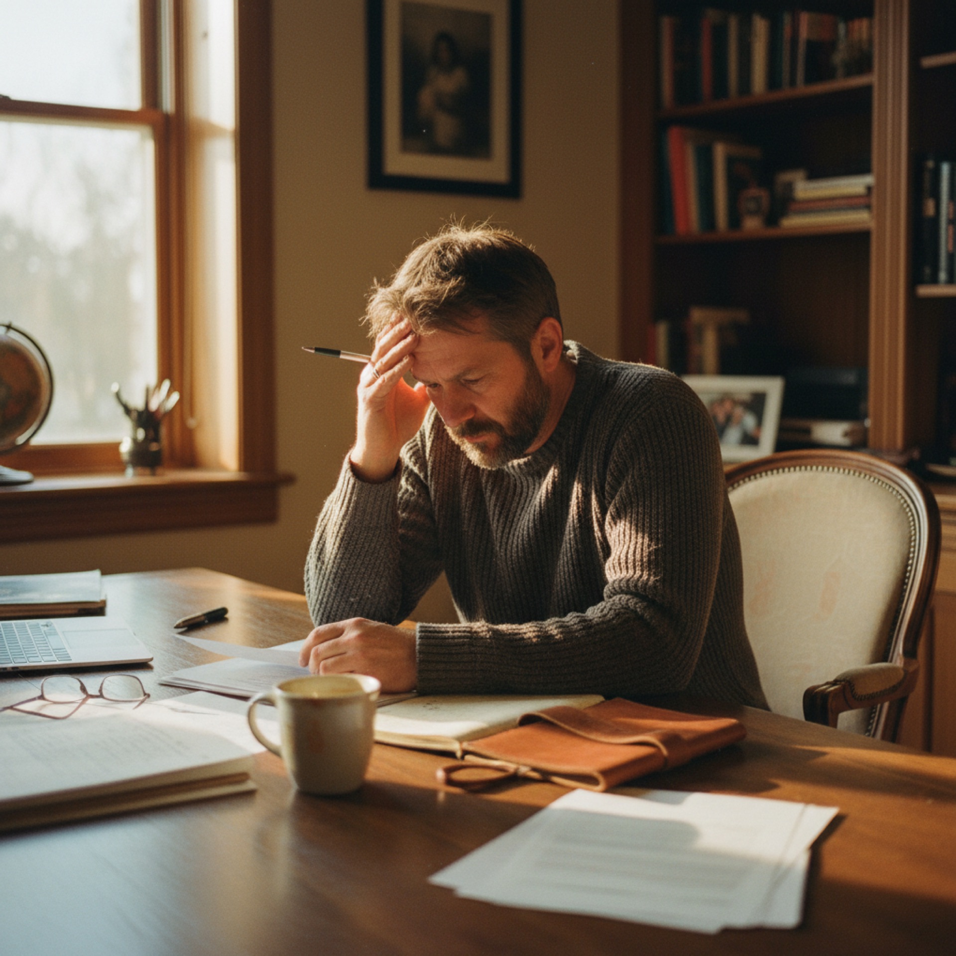 A business owner sitting at a desk reviewing financial documents in natural light