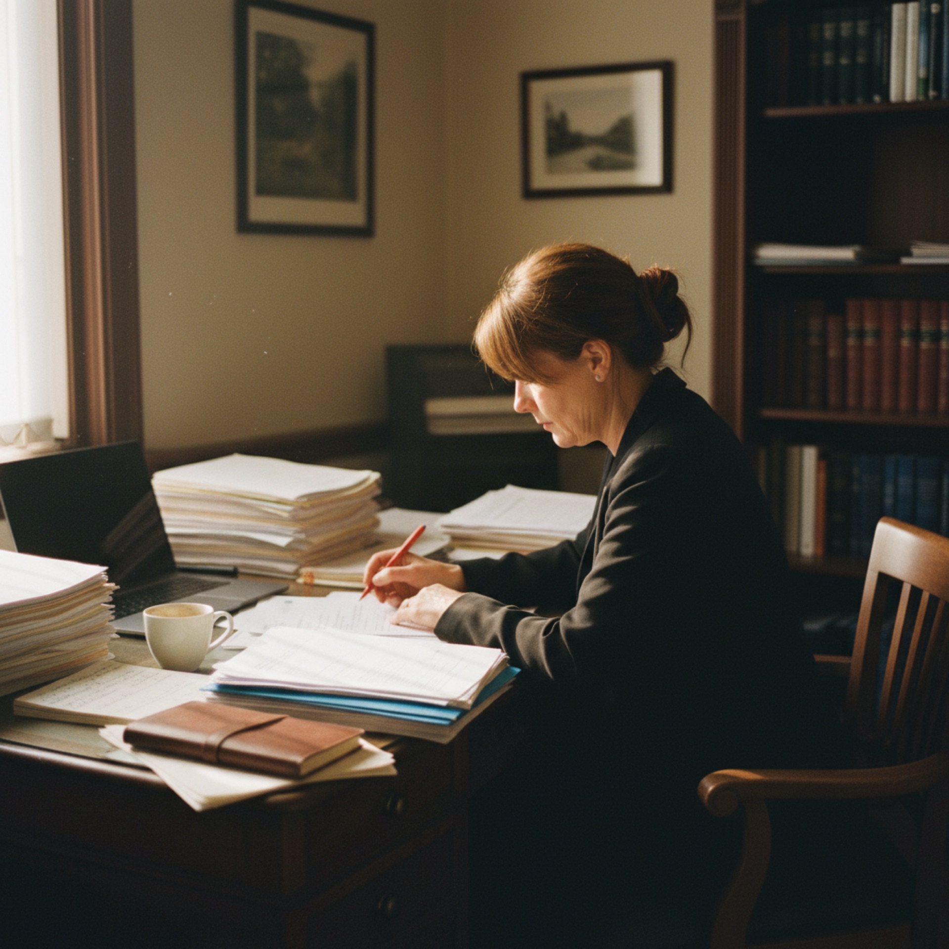 A solicitor reviewing documents at a desk in a small law office