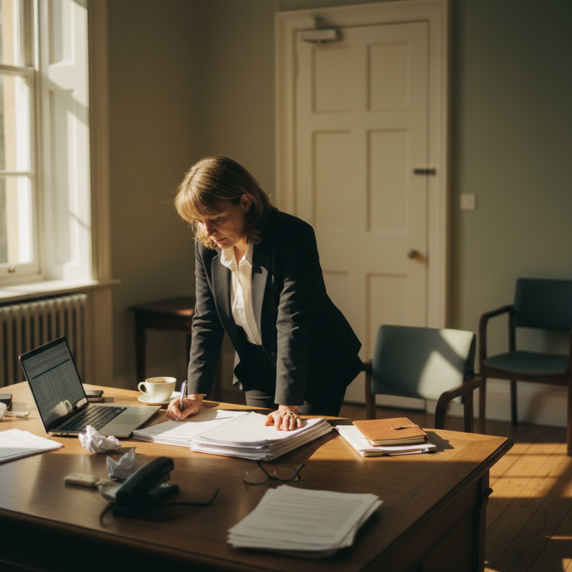 Person reviewing printed documents at a desk in an office with natural light coming through a window