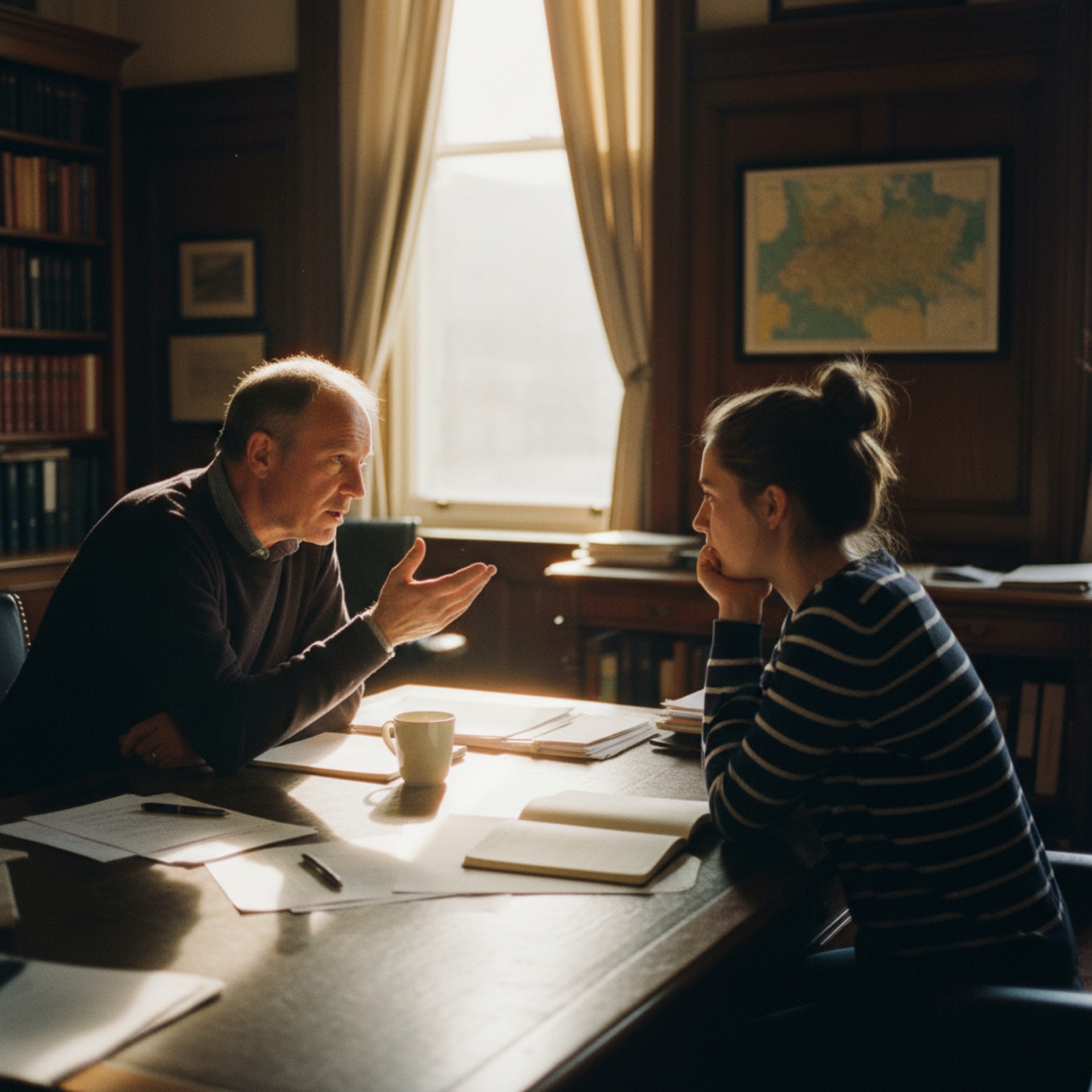 Two people in conversation across a desk, papers between them, natural office light