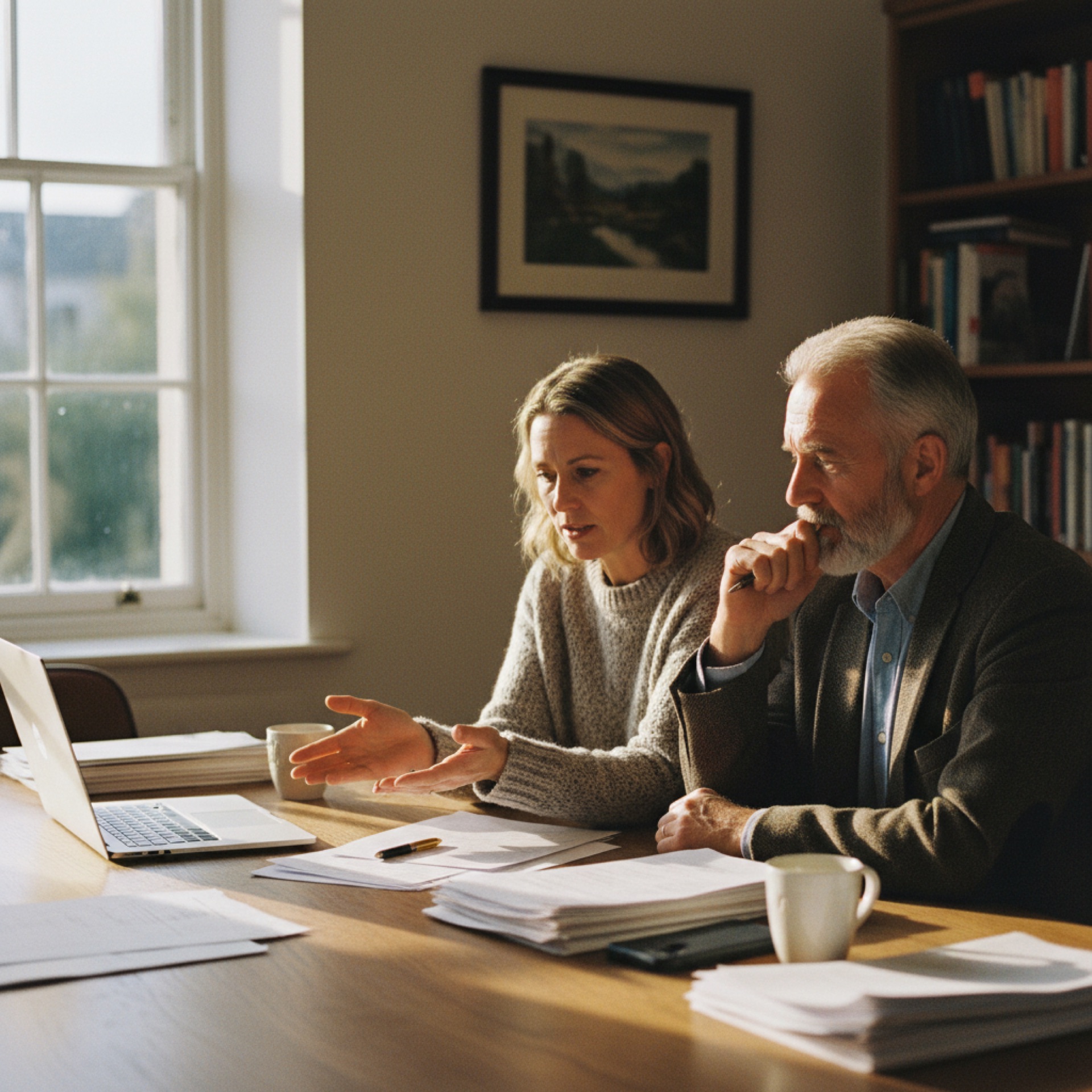 Two people reviewing business documents together across a table in a well-lit office