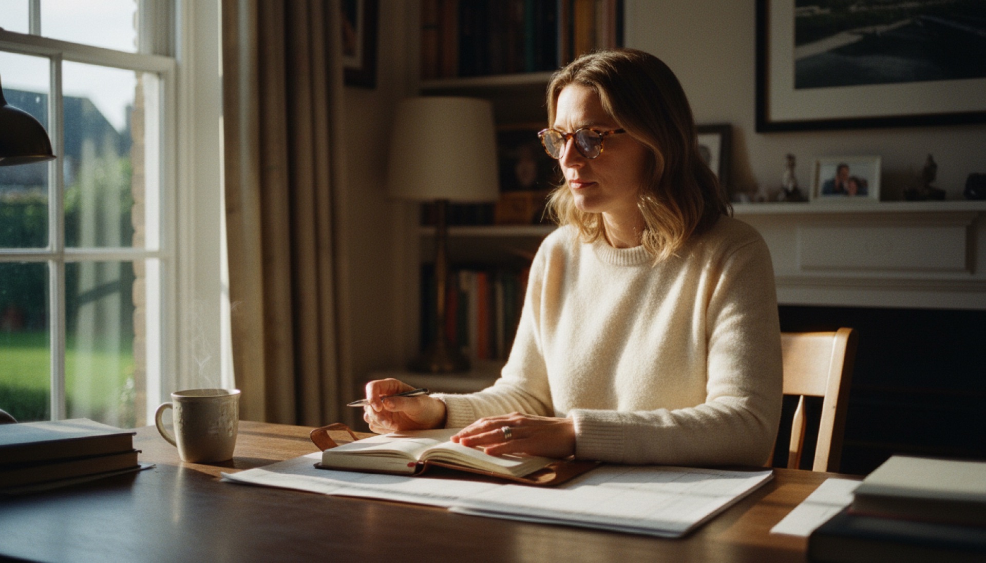 Person sitting at a desk reviewing an open diary and weekly planner in a light-filled study