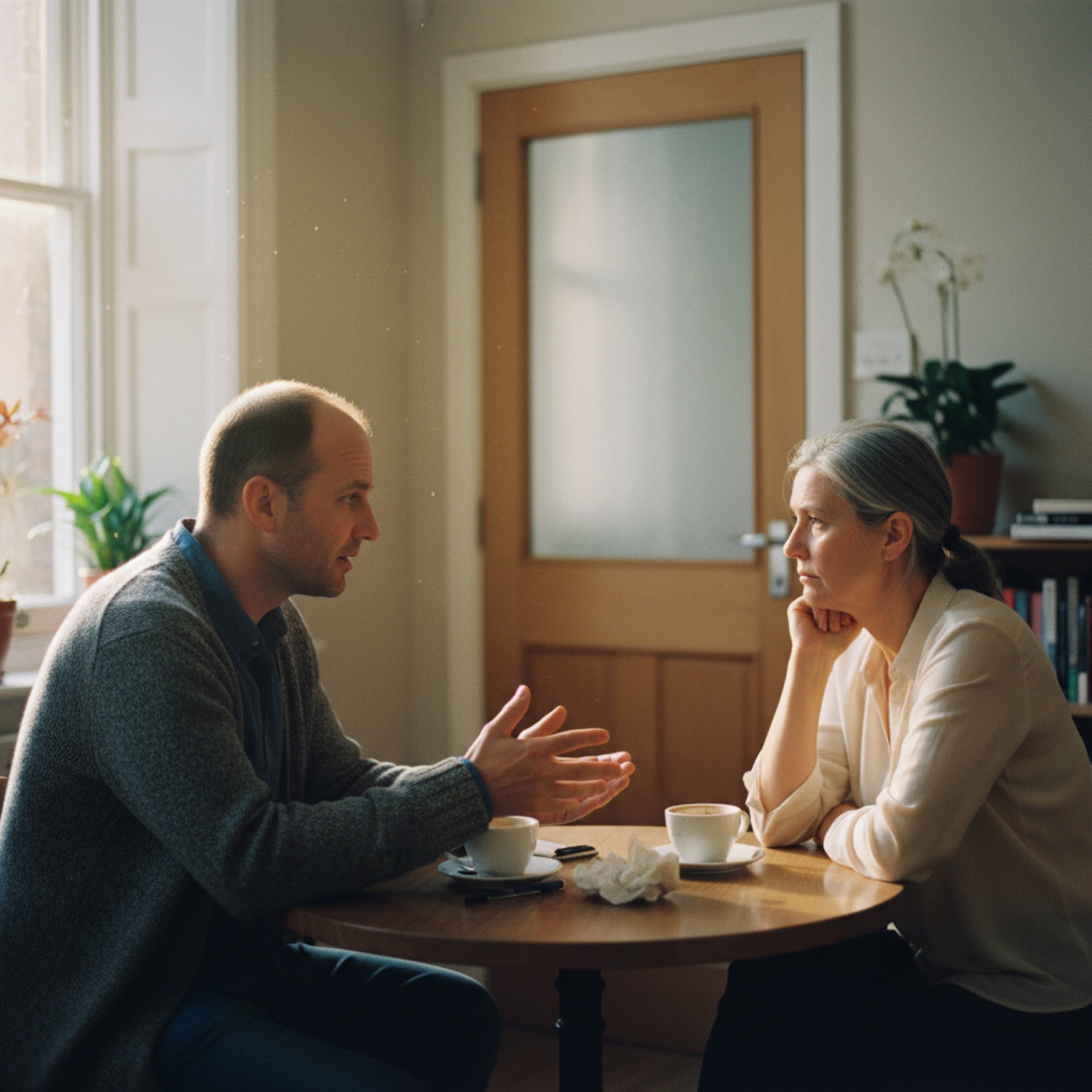 Two colleagues seated across a small table in a meeting room, one speaking and one listening in a focused conversation