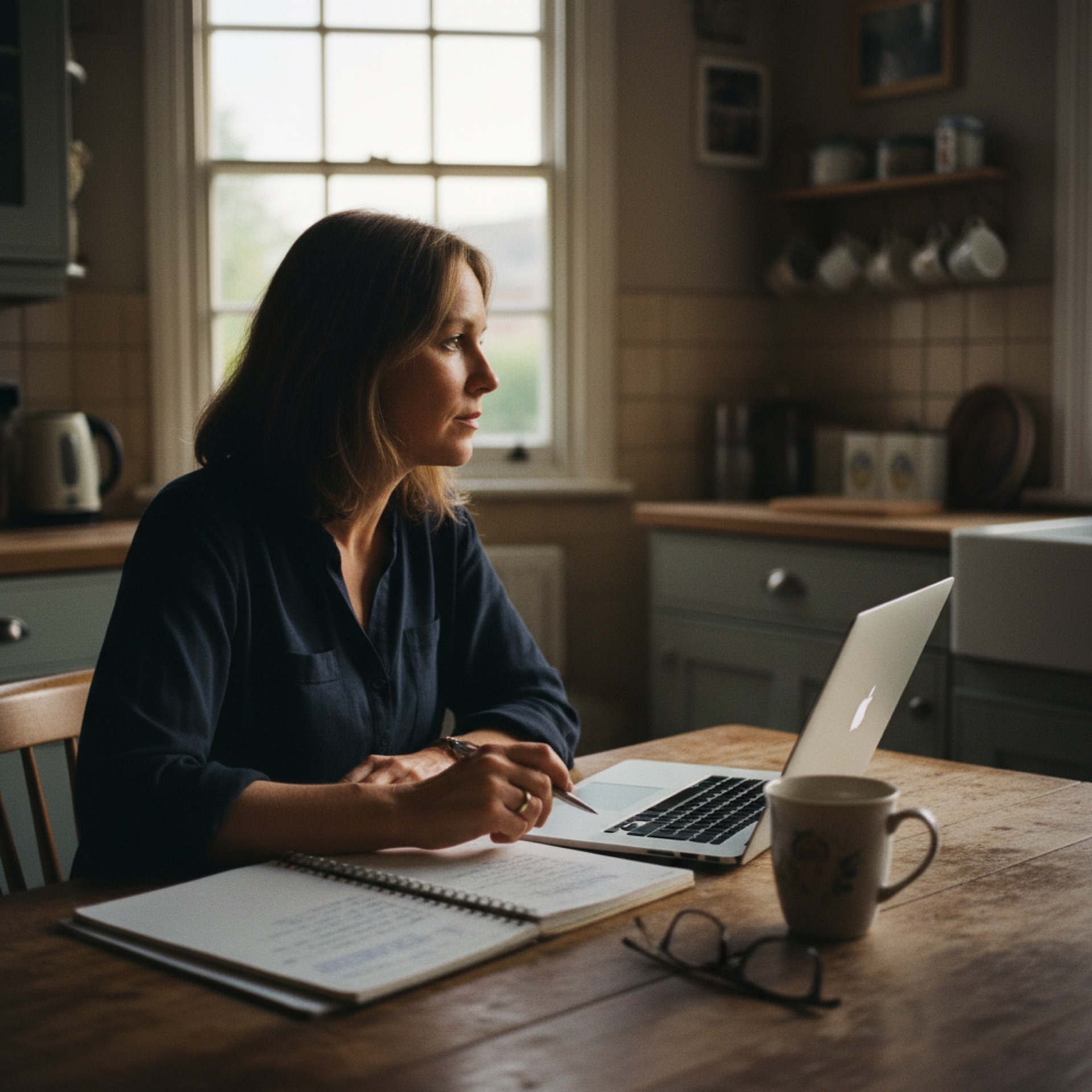 A business owner sits at a kitchen table with an open notebook and laptop, looking away from the screen in thought