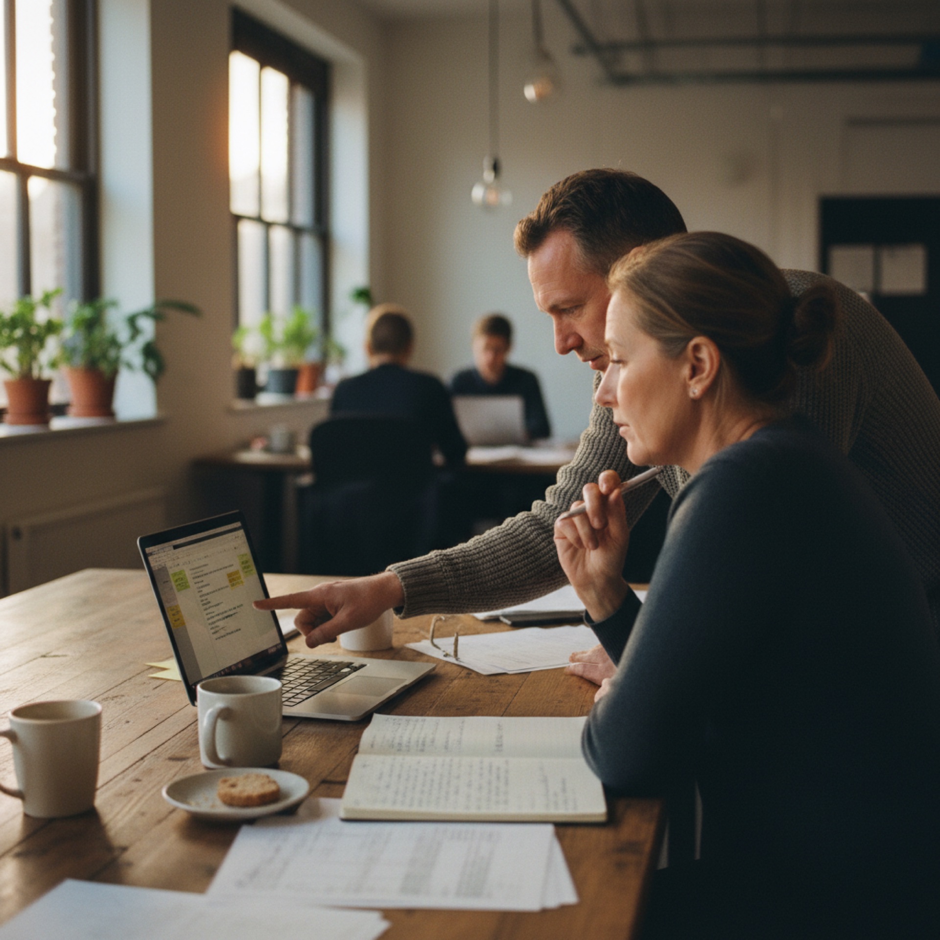 Two people at an office desk, one pointing at a laptop screen while the other takes notes