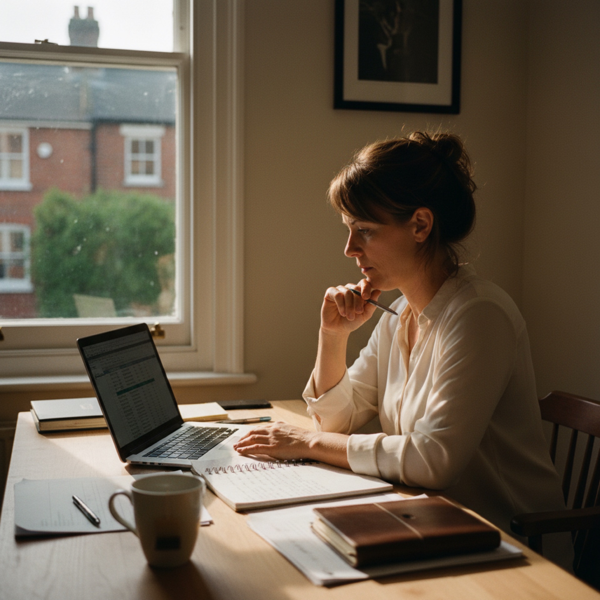 A business owner at a desk reviewing a laptop screen with a pen in hand in a quiet office