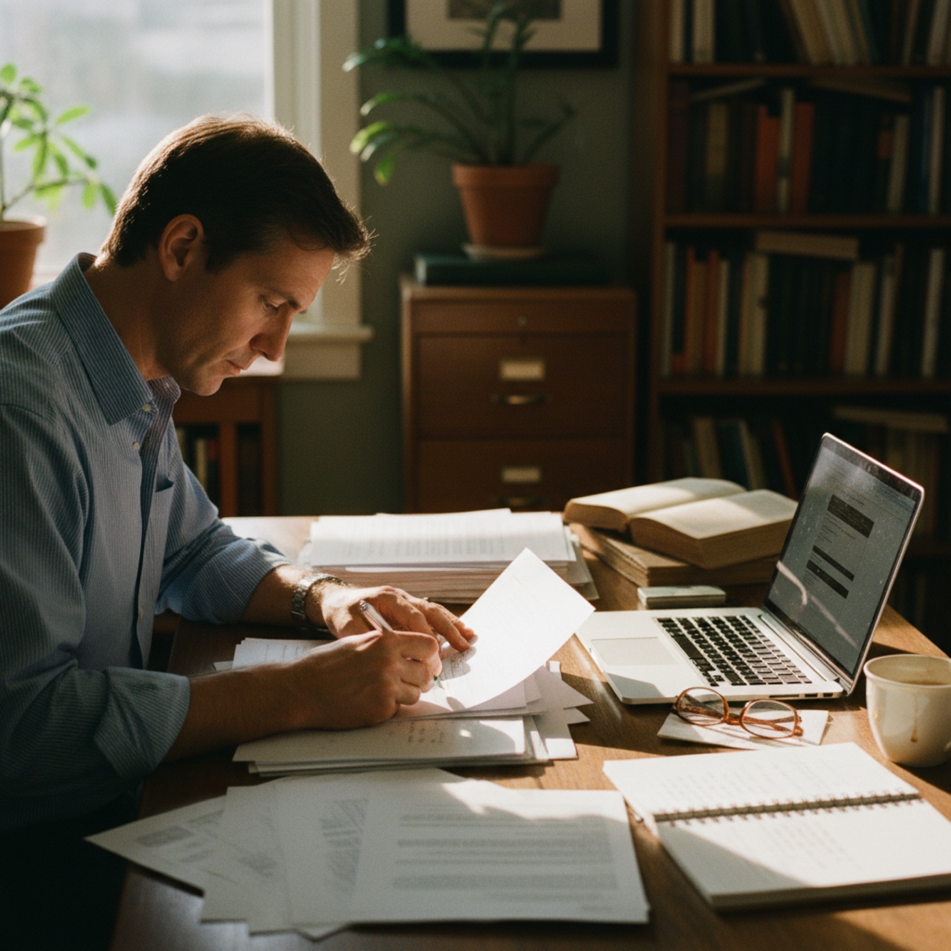 A person reviewing documents at a desk with a laptop open beside them