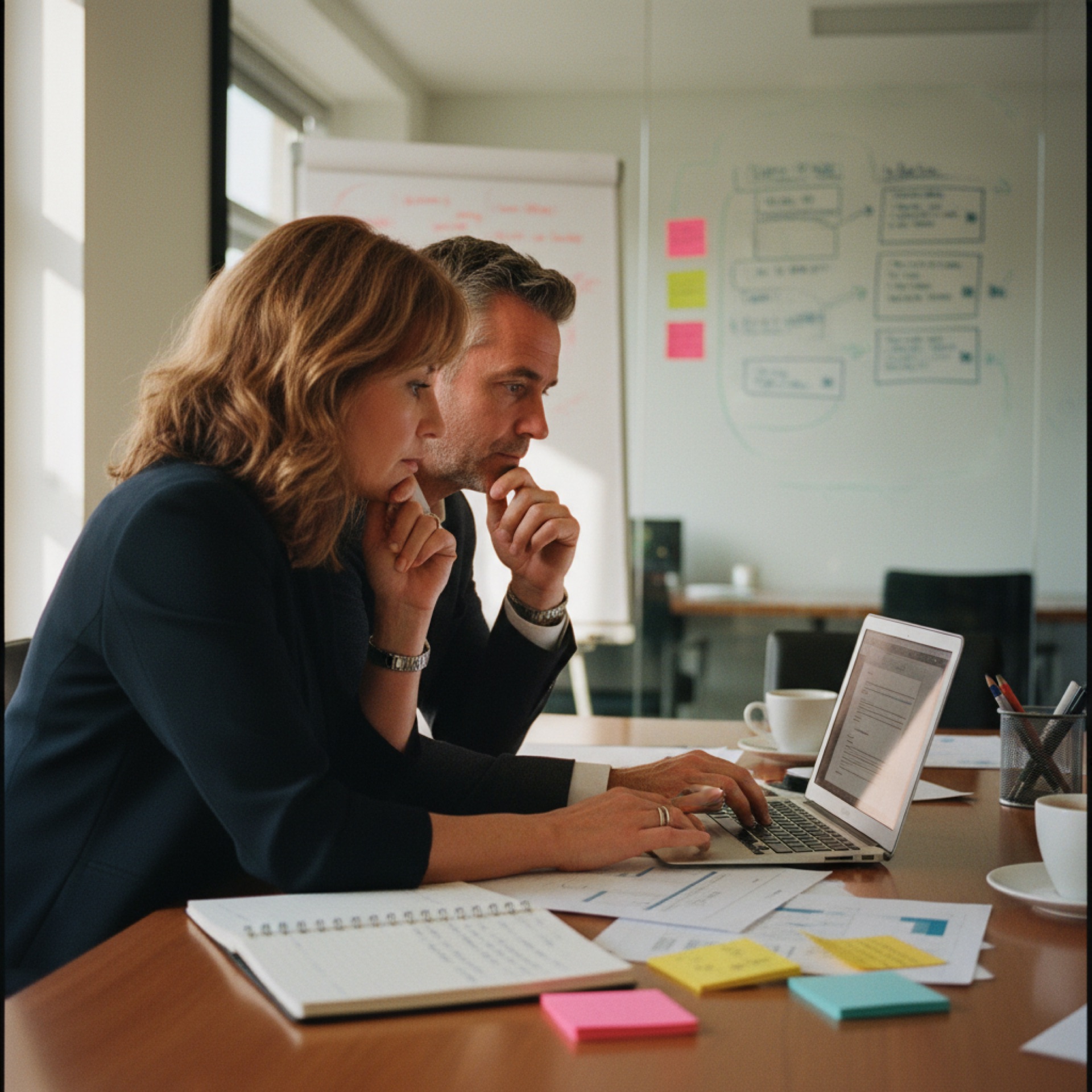two people sitting at a meeting room table, reviewing a document on a laptop together