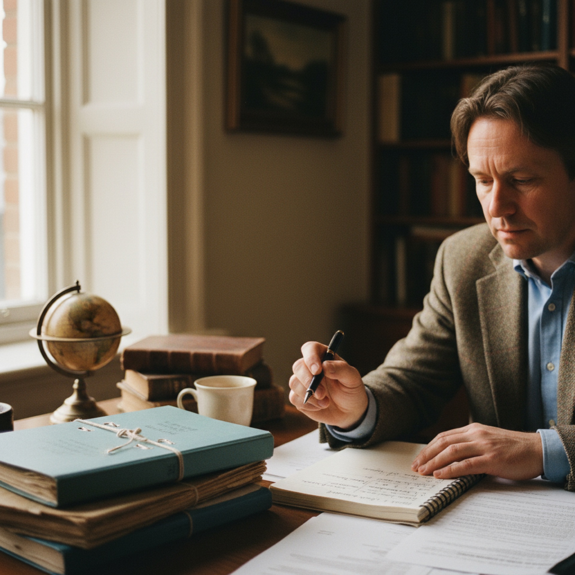 A business professional sitting at a desk reviewing documents on a laptop, with client folders stacked to one side