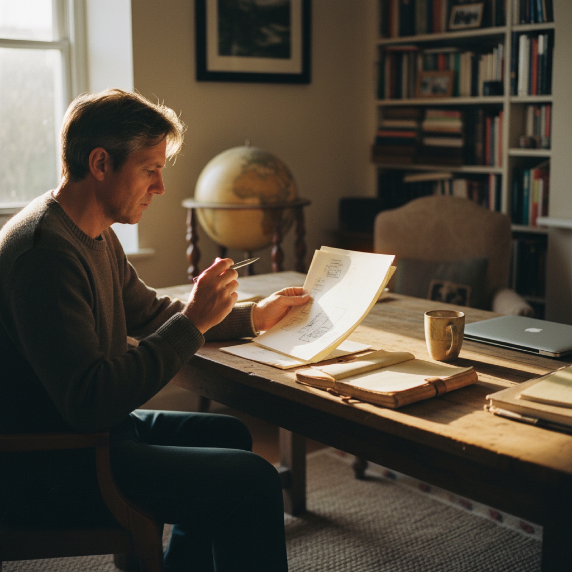 Business owner reviewing documents at a desk in a well-lit office