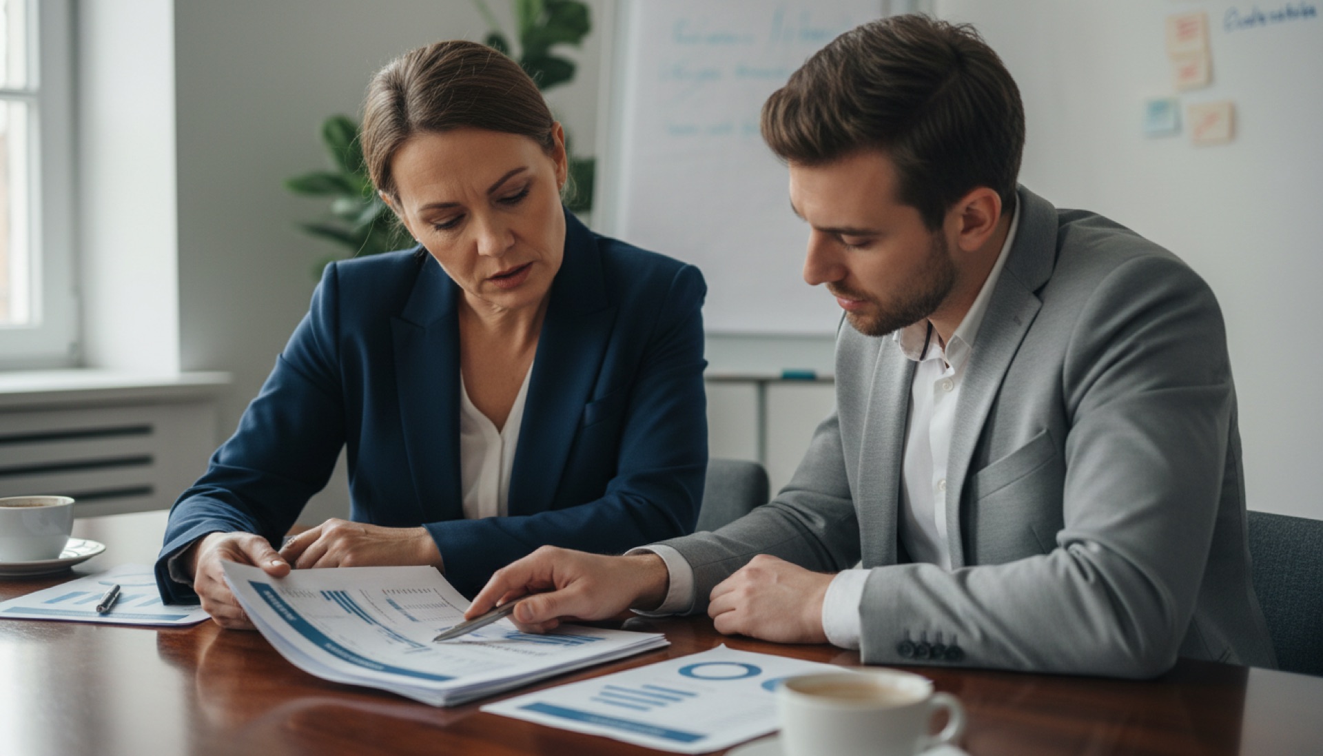 Two people reviewing a printed document across a meeting room table
