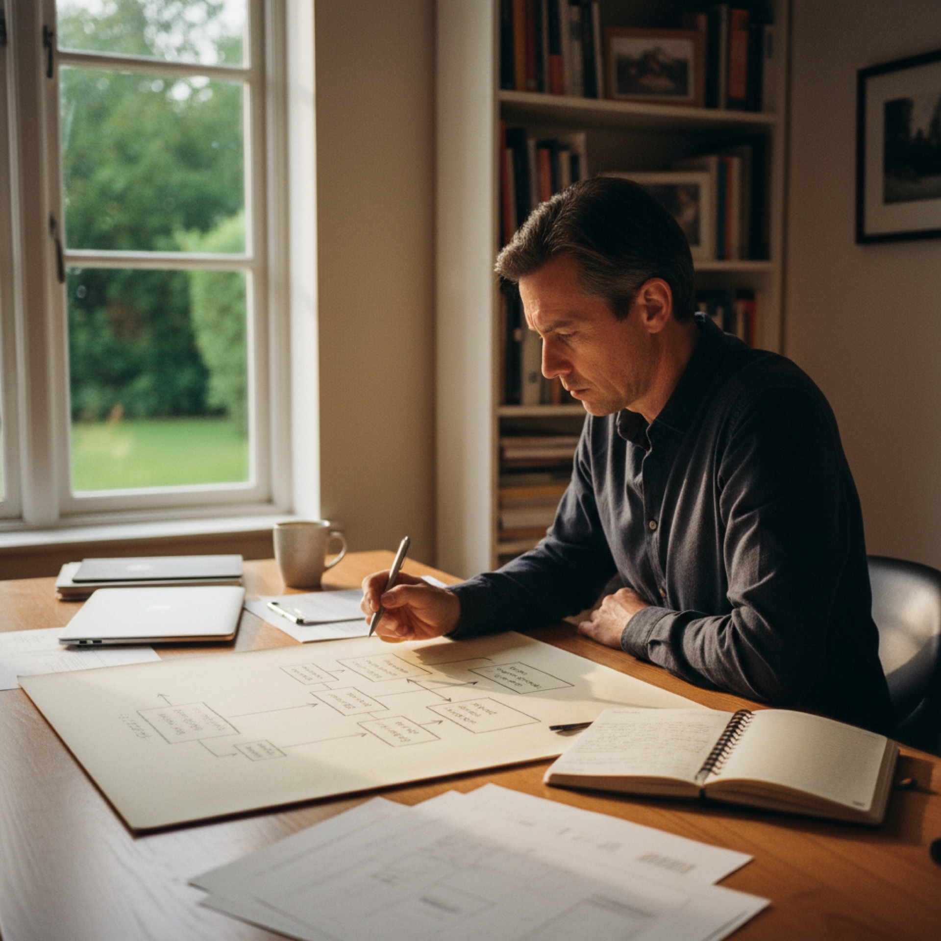 Person reviewing documents at a desk by a window, in a calm office setting