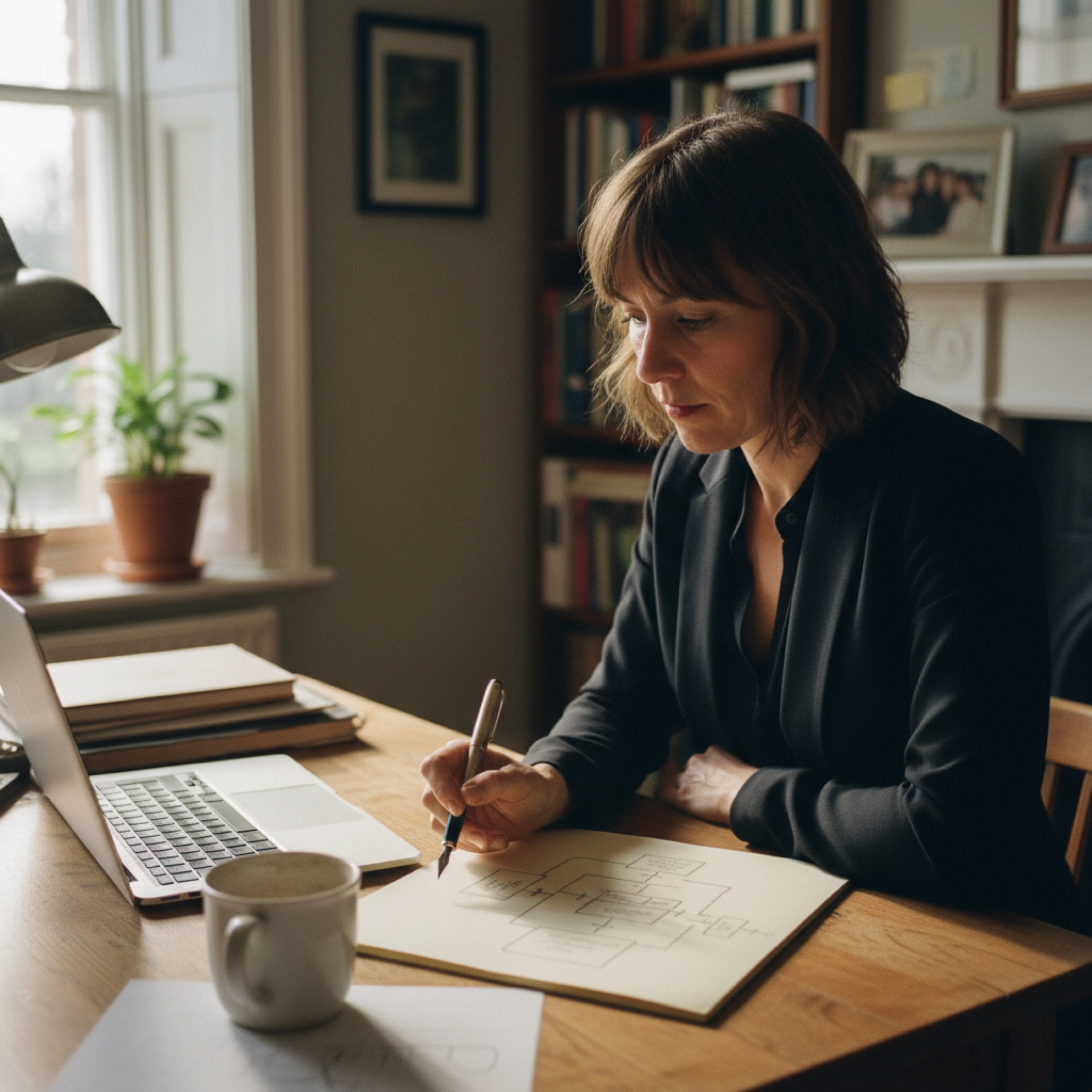 Person at a desk reviewing a printed document alongside an open laptop in natural light