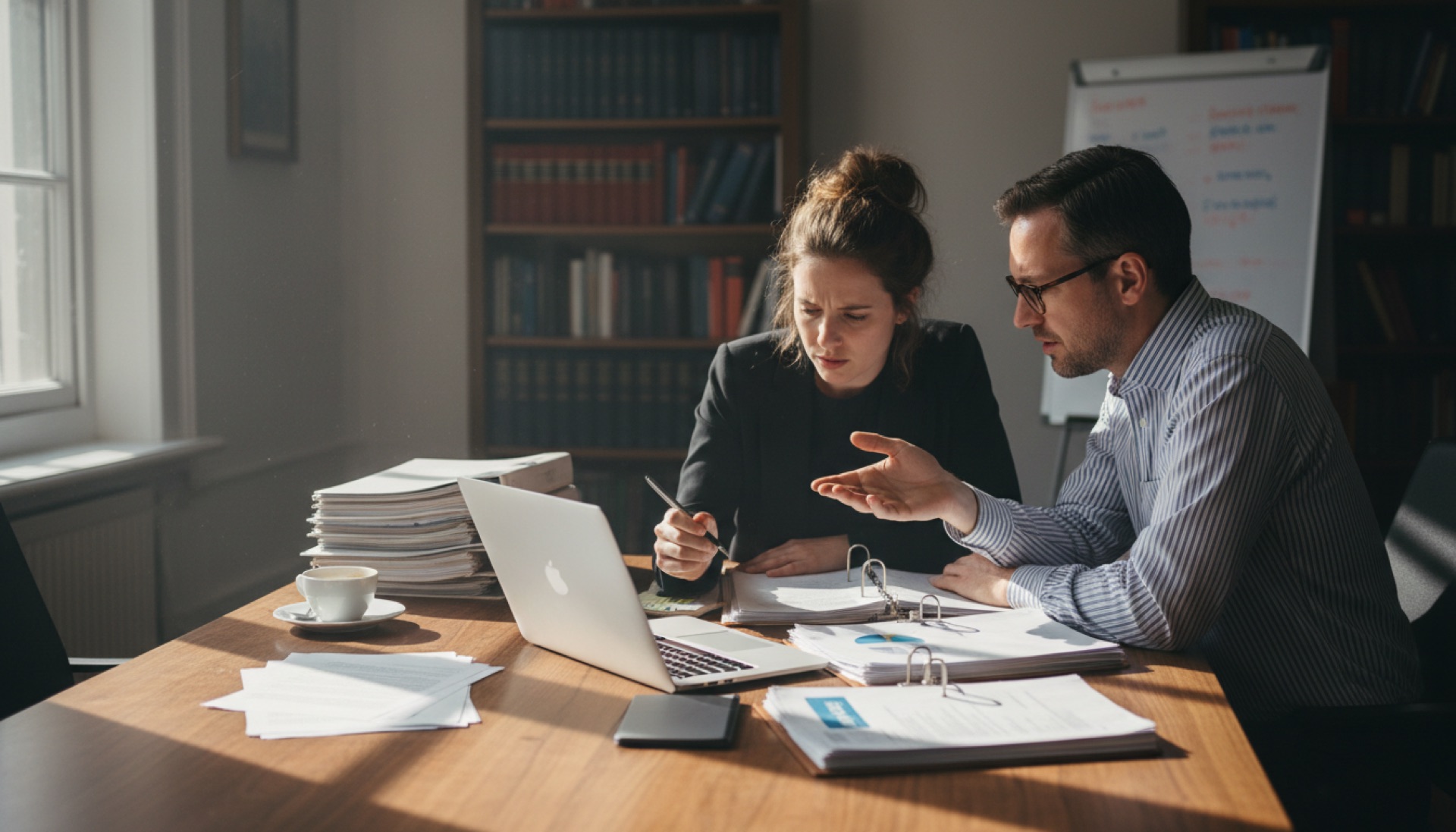 Two solicitors reviewing documents together at an office desk