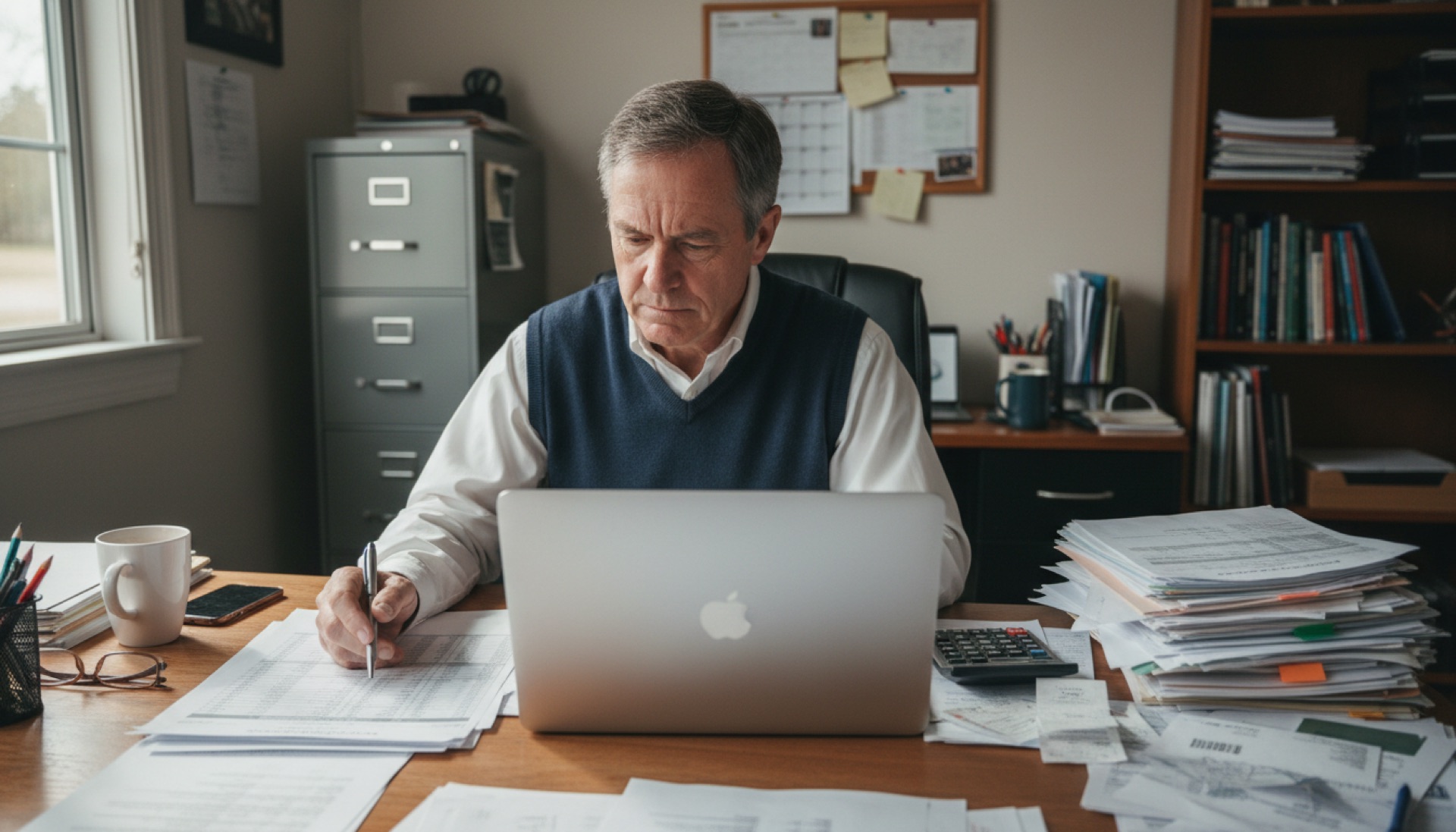 Accountant reviewing documents at a desk with a laptop open and papers arranged nearby