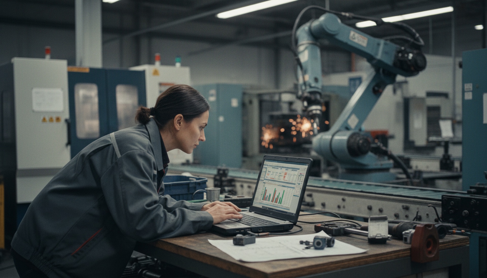 A person reviewing data on a laptop at a workbench in a manufacturing workshop with machinery in the background