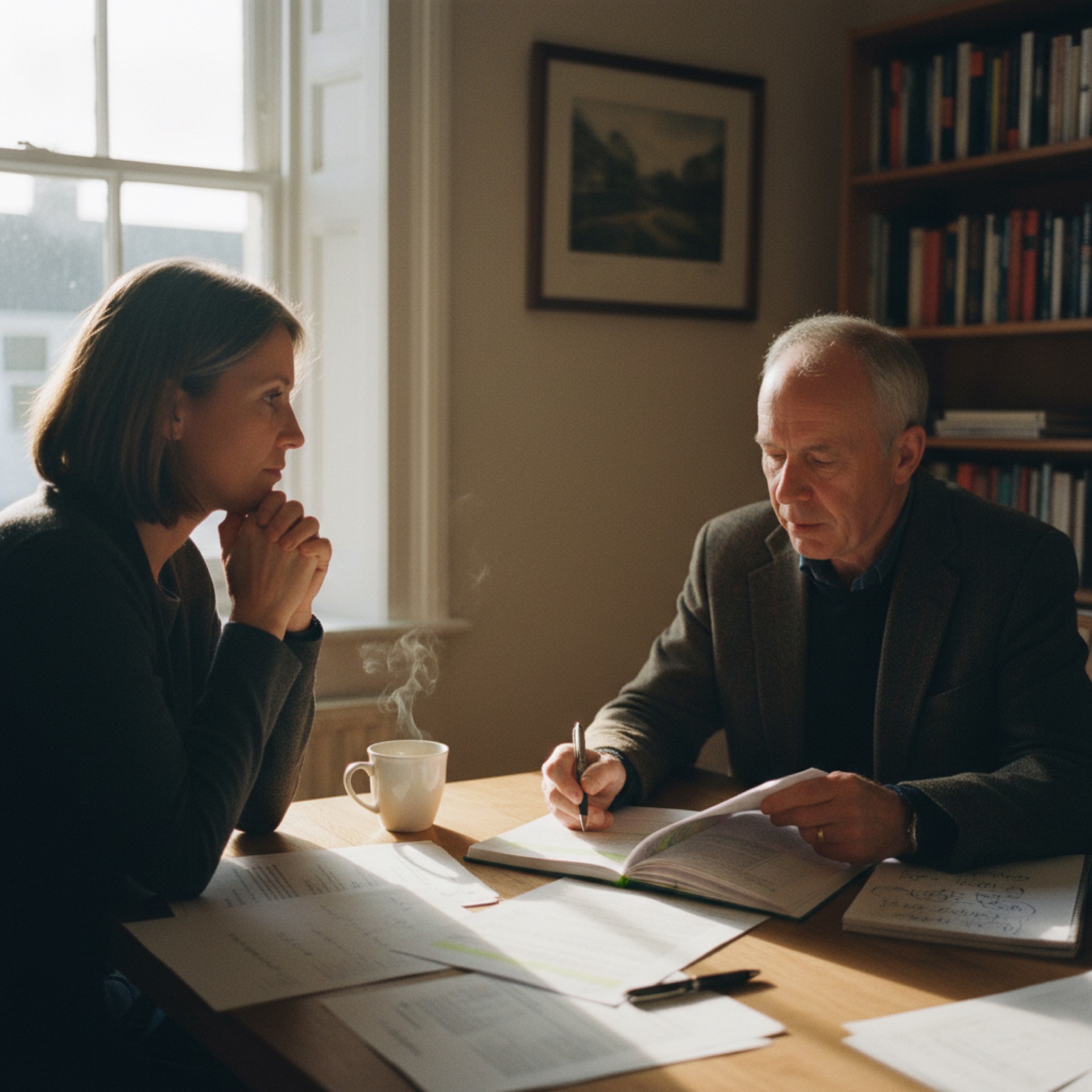 Two people in a business discussion at a meeting table, reviewing documents together