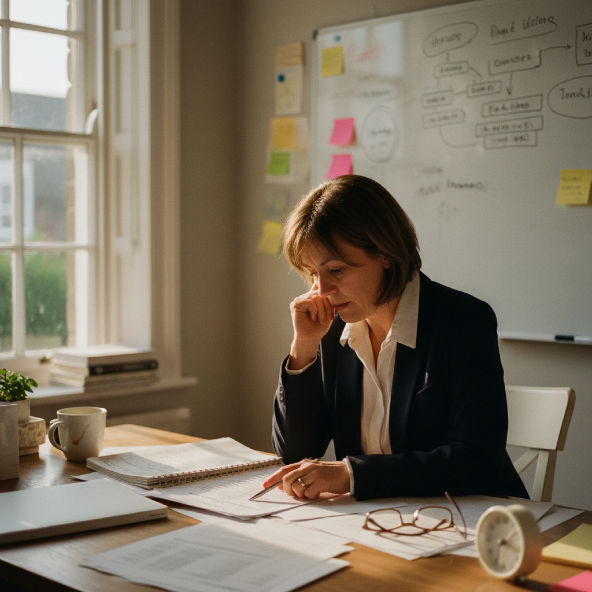 A business owner reviewing a document at a desk with natural daylight, pen in hand