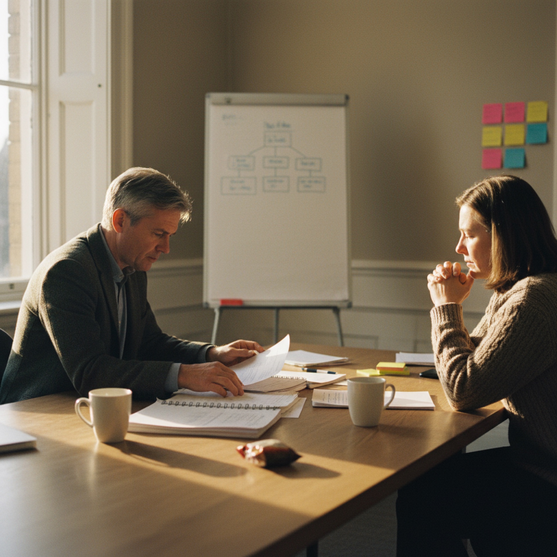 Two people in discussion across an office desk, papers spread between them