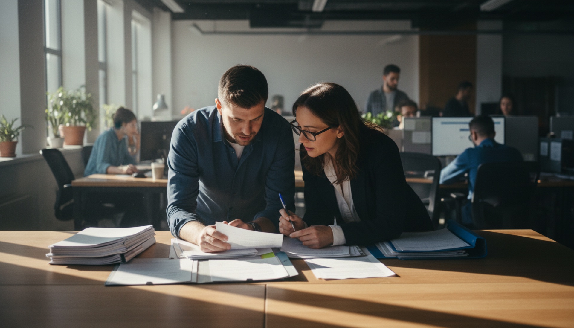 Two people reviewing documents together at a desk in a well-lit professional office