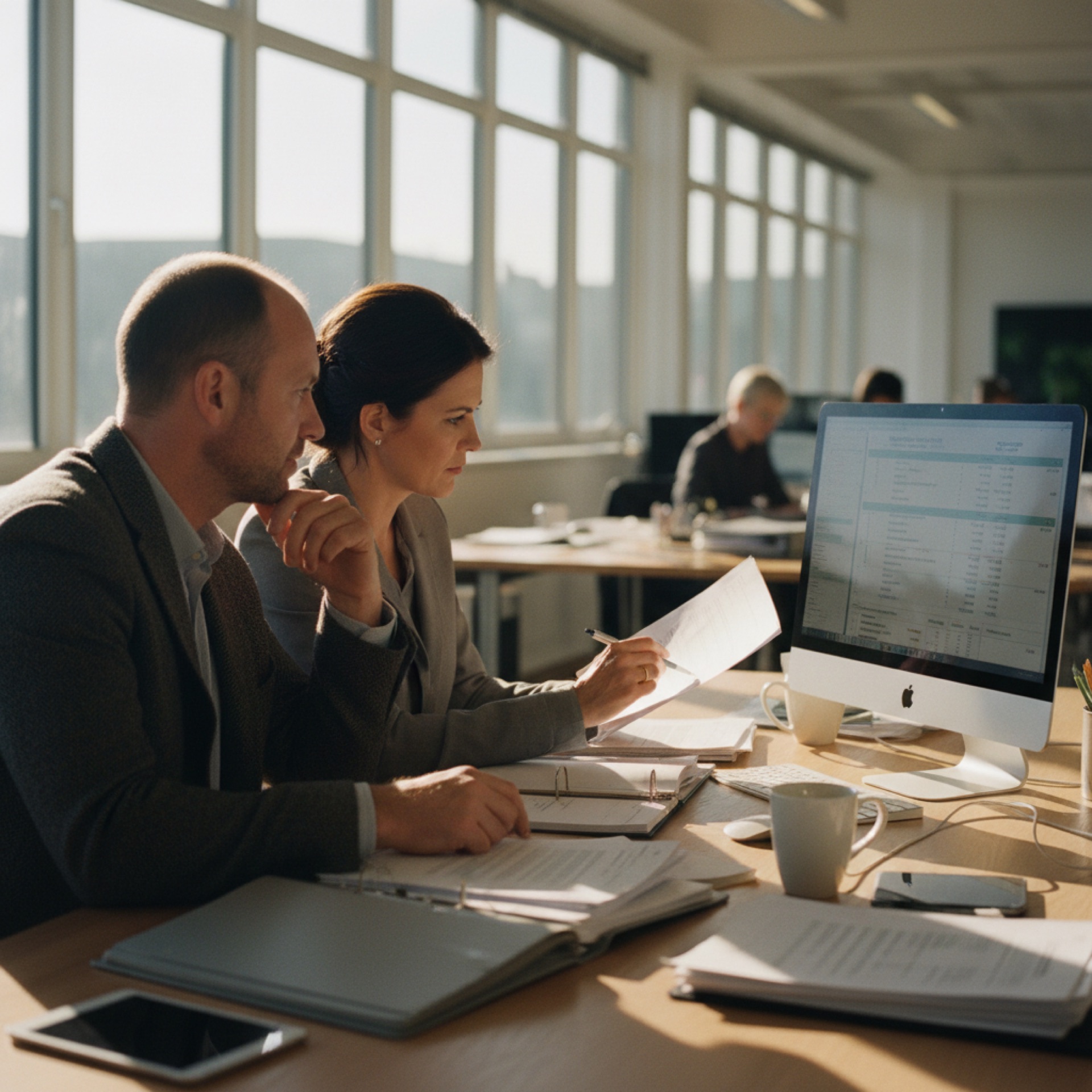Two professionals reviewing insurance claims documents at a desk in a modern office
