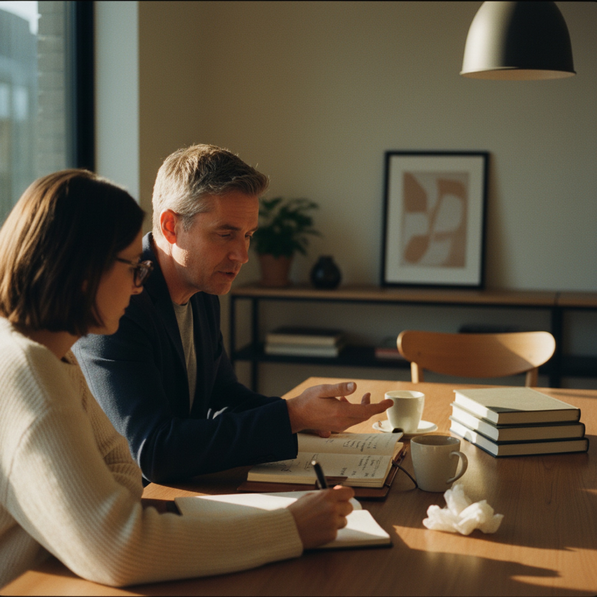 Two business professionals in conversation across a desk, one taking notes