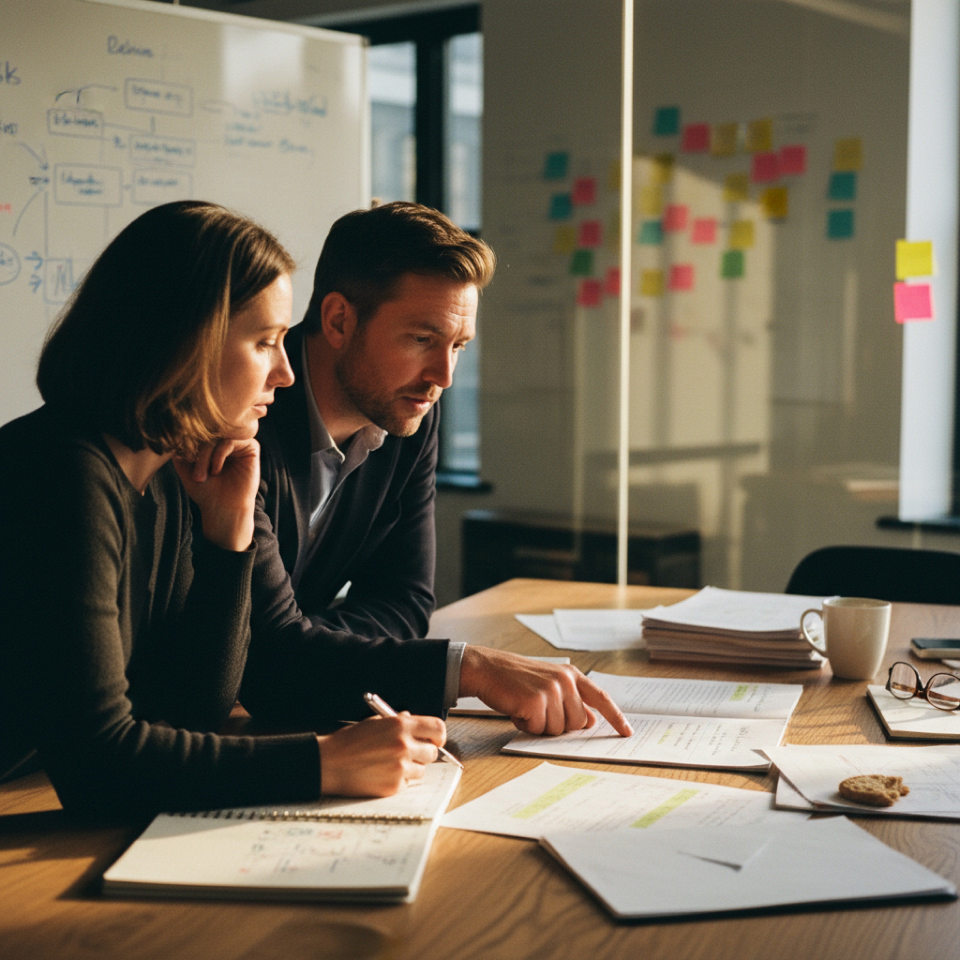 Two professionals reviewing documents together across a meeting table