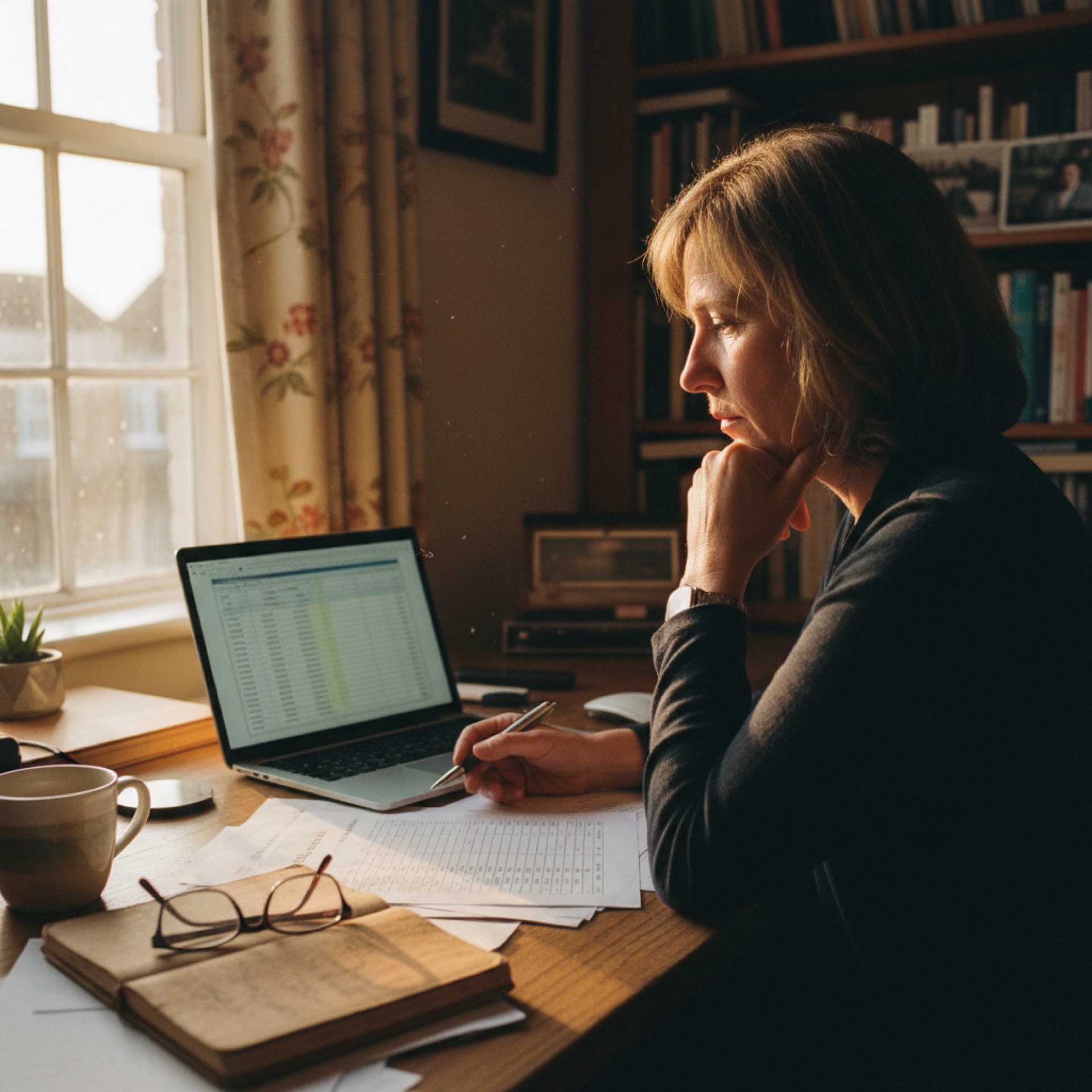 A person reviewing printed documents at a desk next to a laptop and a window