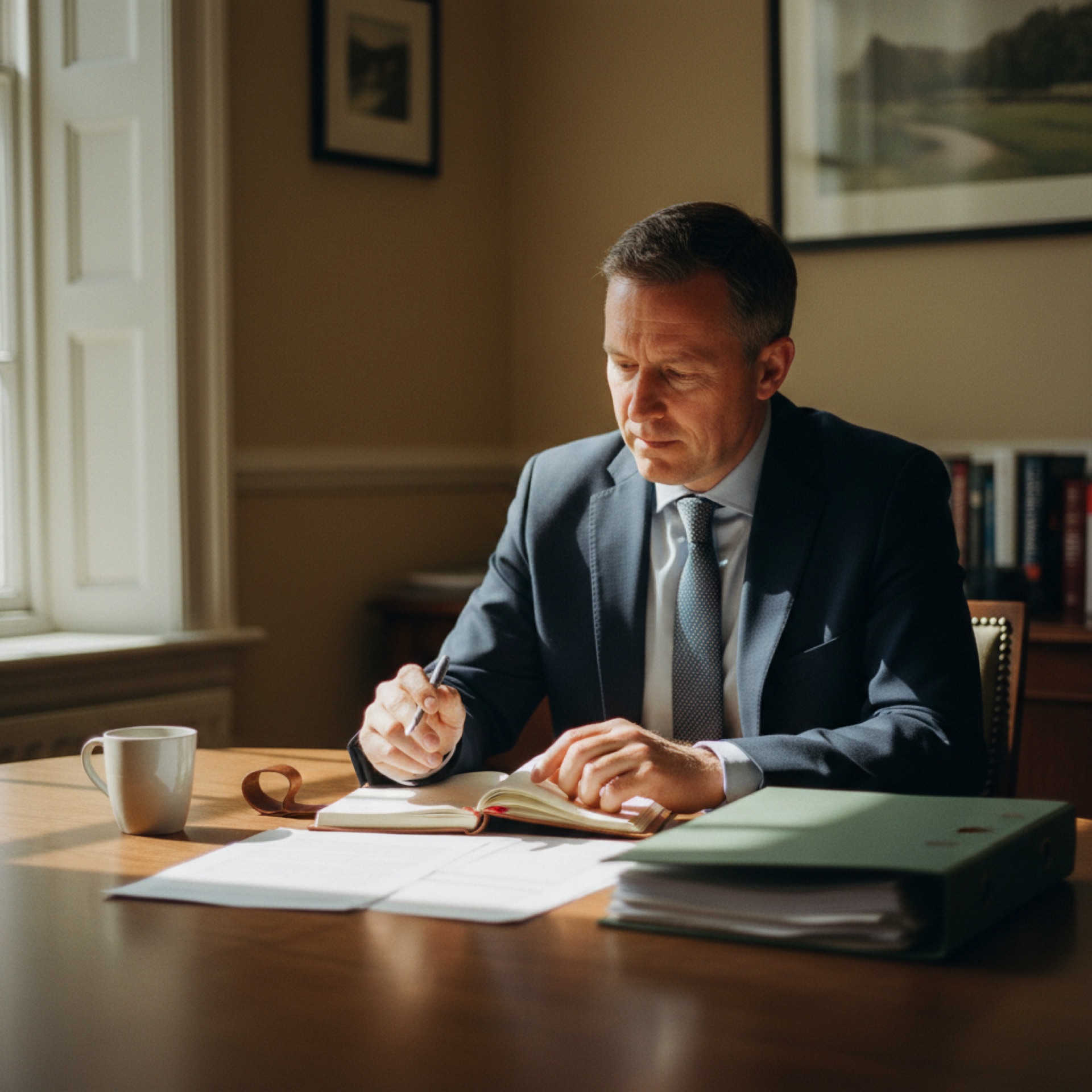 A business owner looking at documents on a meeting room table with a laptop open beside them