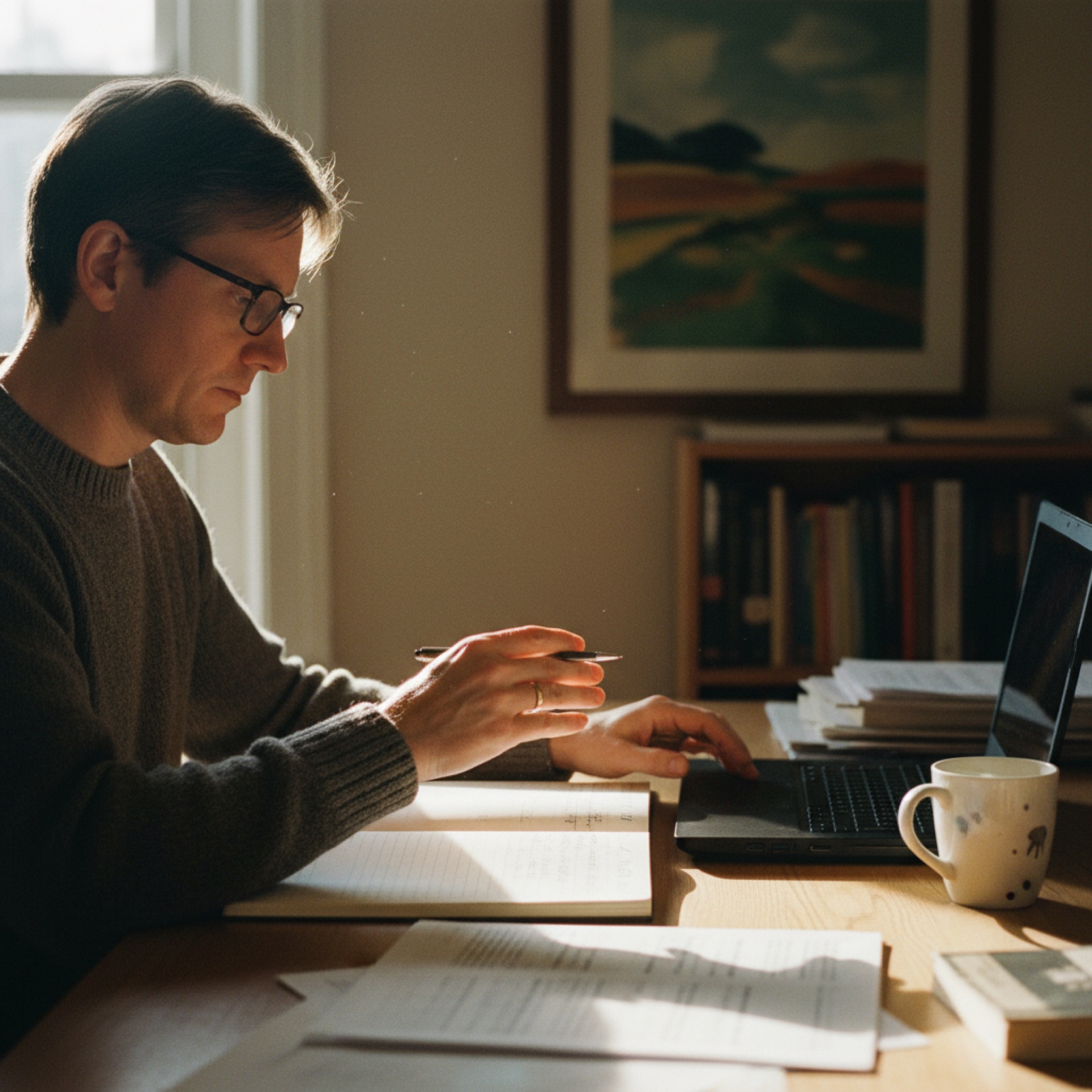 A person reviewing handwritten notes at a desk while typing on a laptop