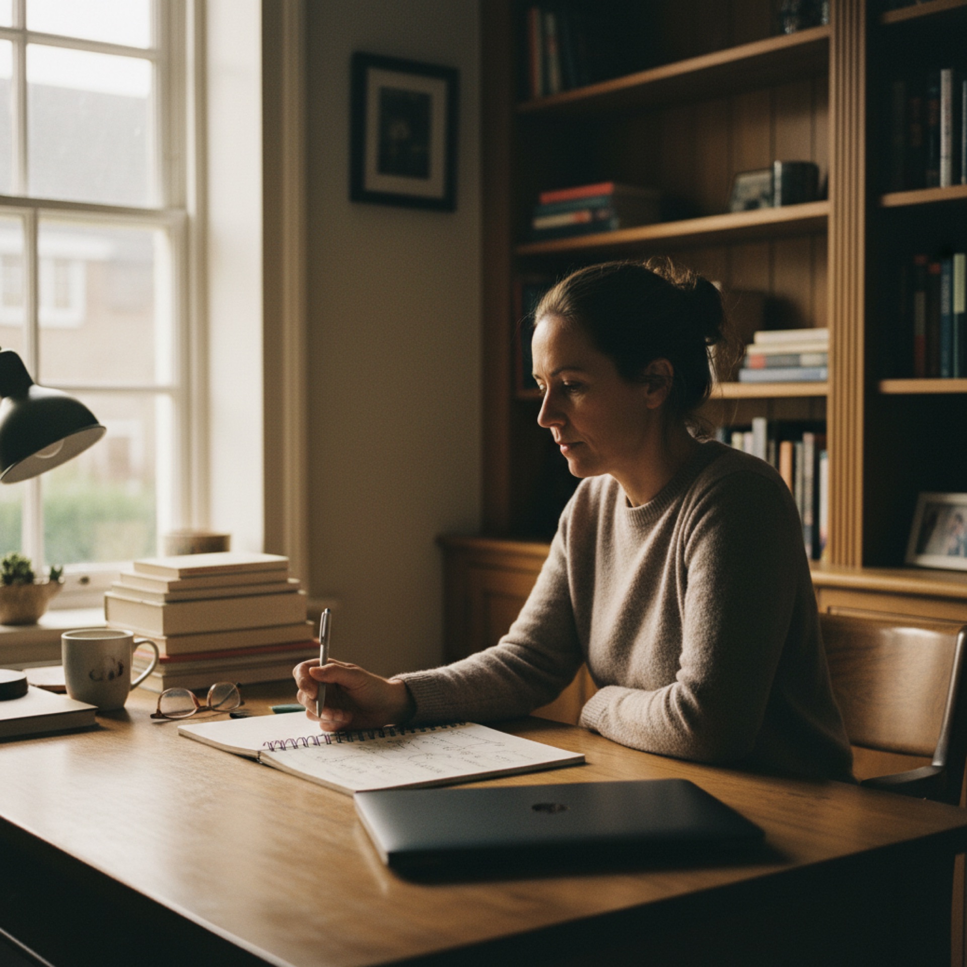 person at a desk reviewing content on a laptop screen with a notebook open beside them